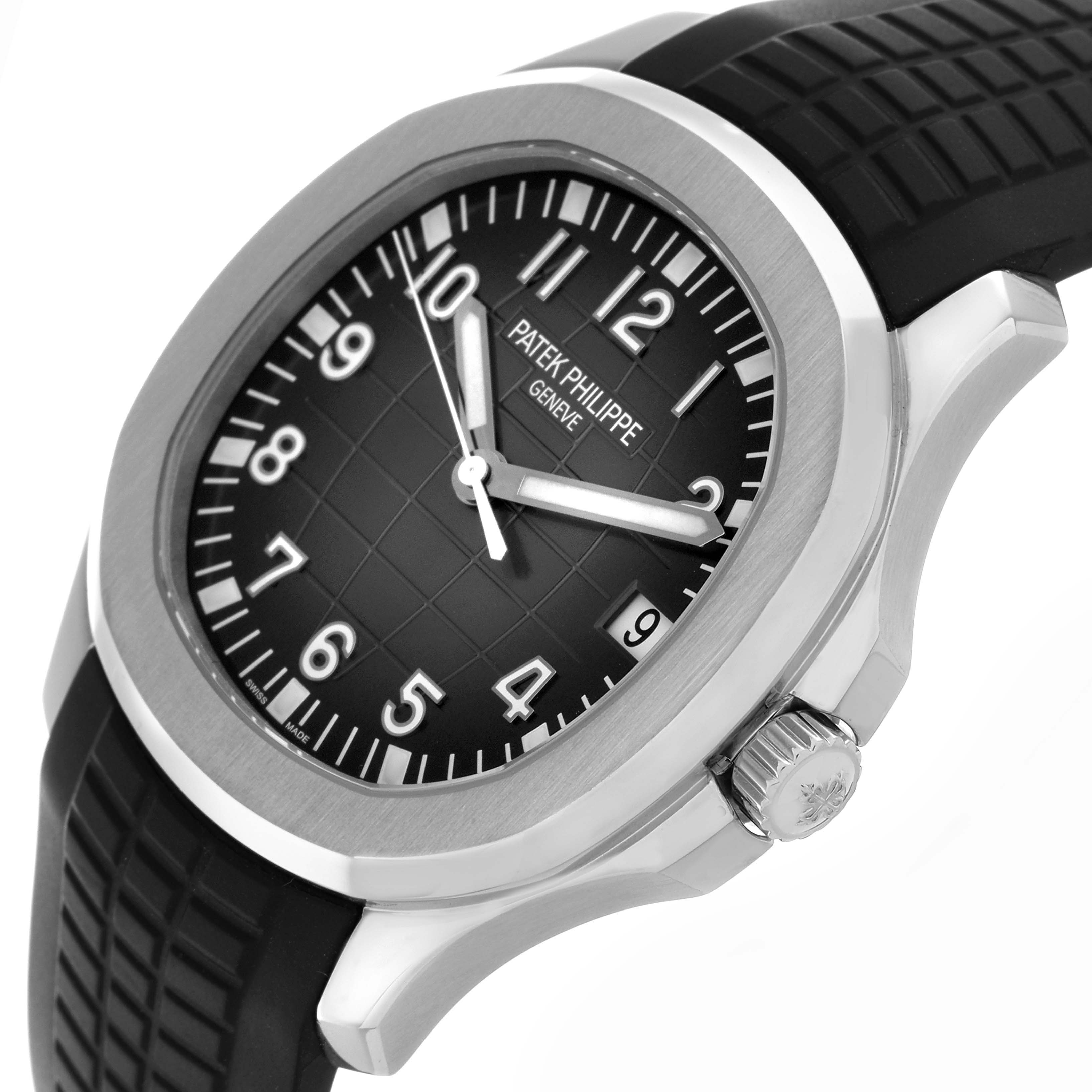 The Patek Philippe Aquanaut 5167A-001 Men's Stainless Steel Black Dial watch is shown at an angle highlighting the face, bezel, crown, and part of the strap.