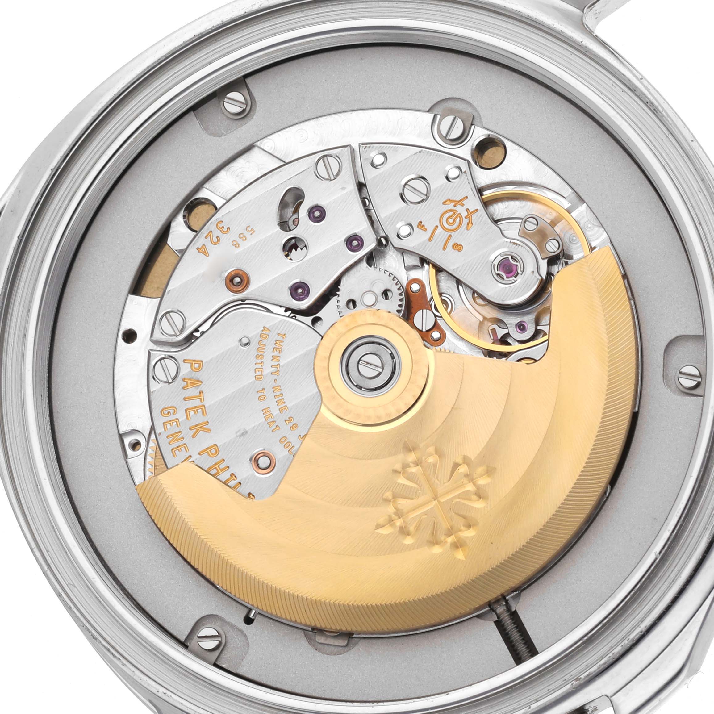 This image shows the movement mechanism of the Patek Philippe Aquanaut 5167A-001 Men's Stainless Steel Black Dial watch from a top-down angle.