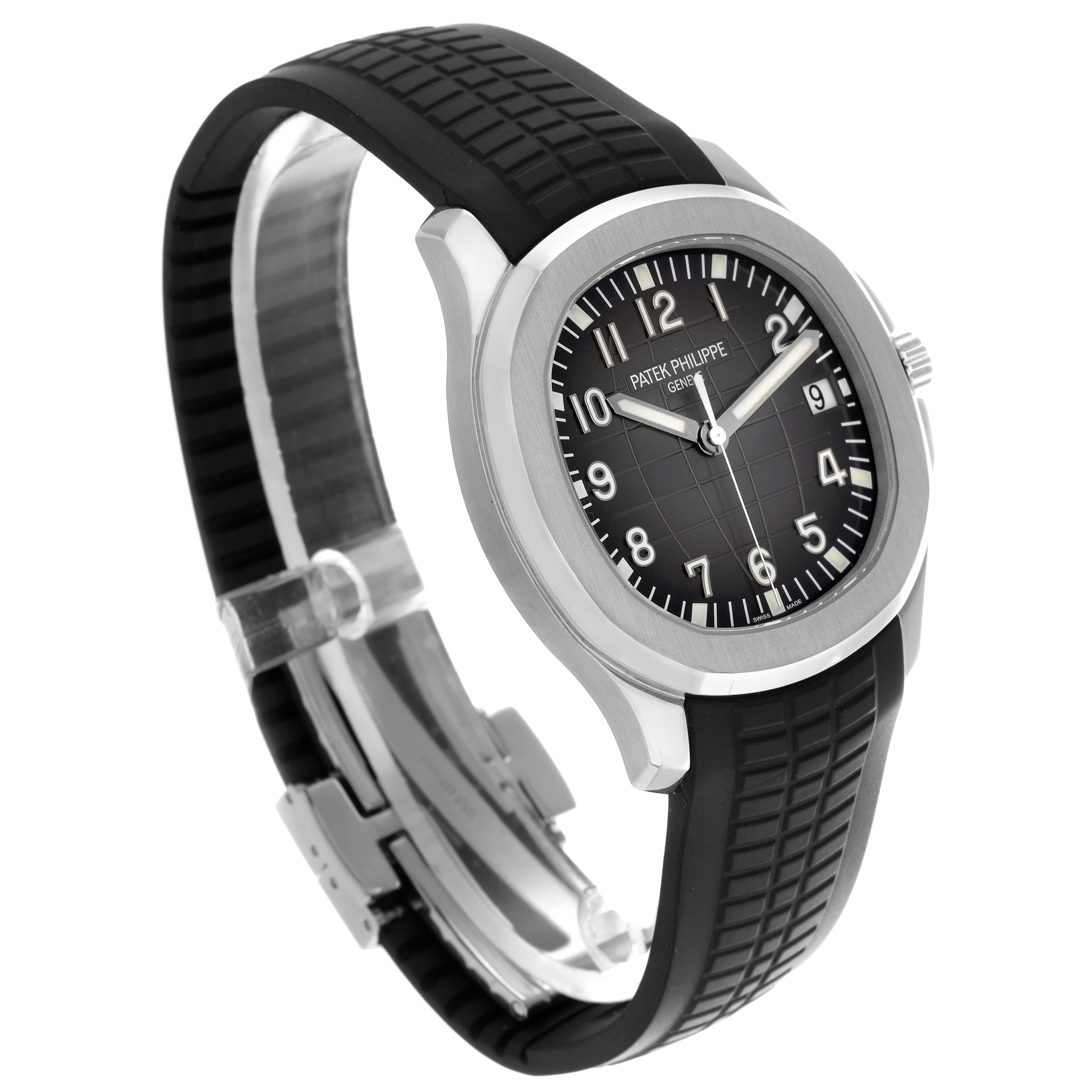 The image shows the Patek Philippe Aquanaut 5167A-001 Men's Stainless Steel Black Dial watch at a three-quarter angle, highlighting the face, bezel, and rubber strap.