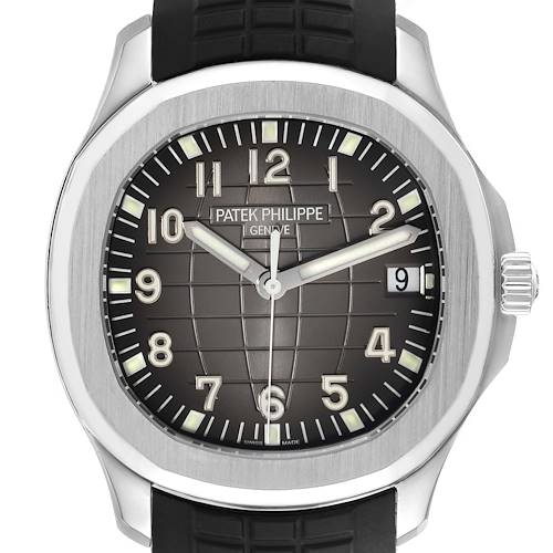 The Patek Philippe Aquanaut 5167A-001 Men's Stainless Steel Black Dial watch is shown from a front view, highlighting the face, bezel, dial, and crown.
