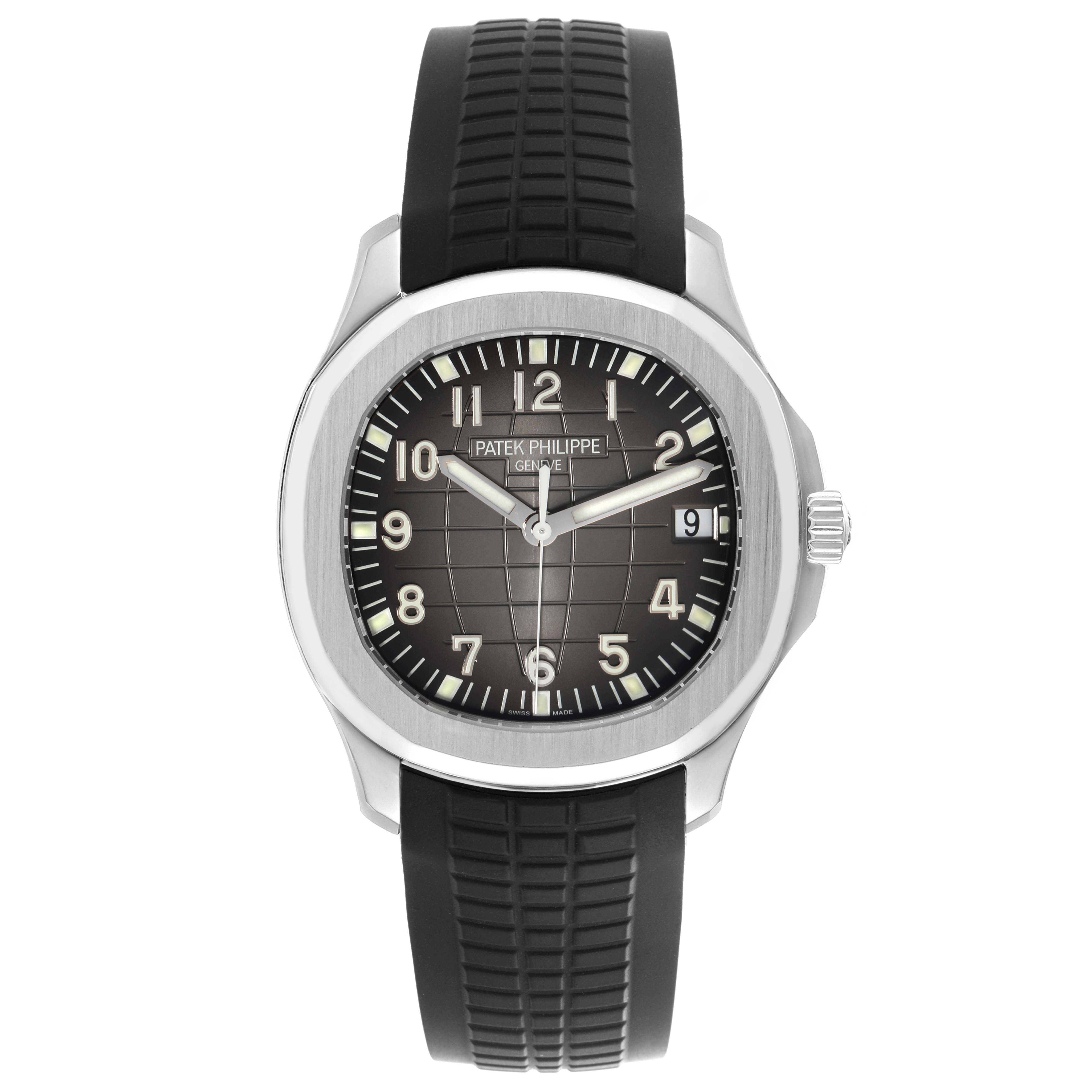 The Patek Philippe Aquanaut 5167A-001 Men's Stainless Steel Black Dial watch is shown from a top-down angle, displaying its face, bezel, and strap.