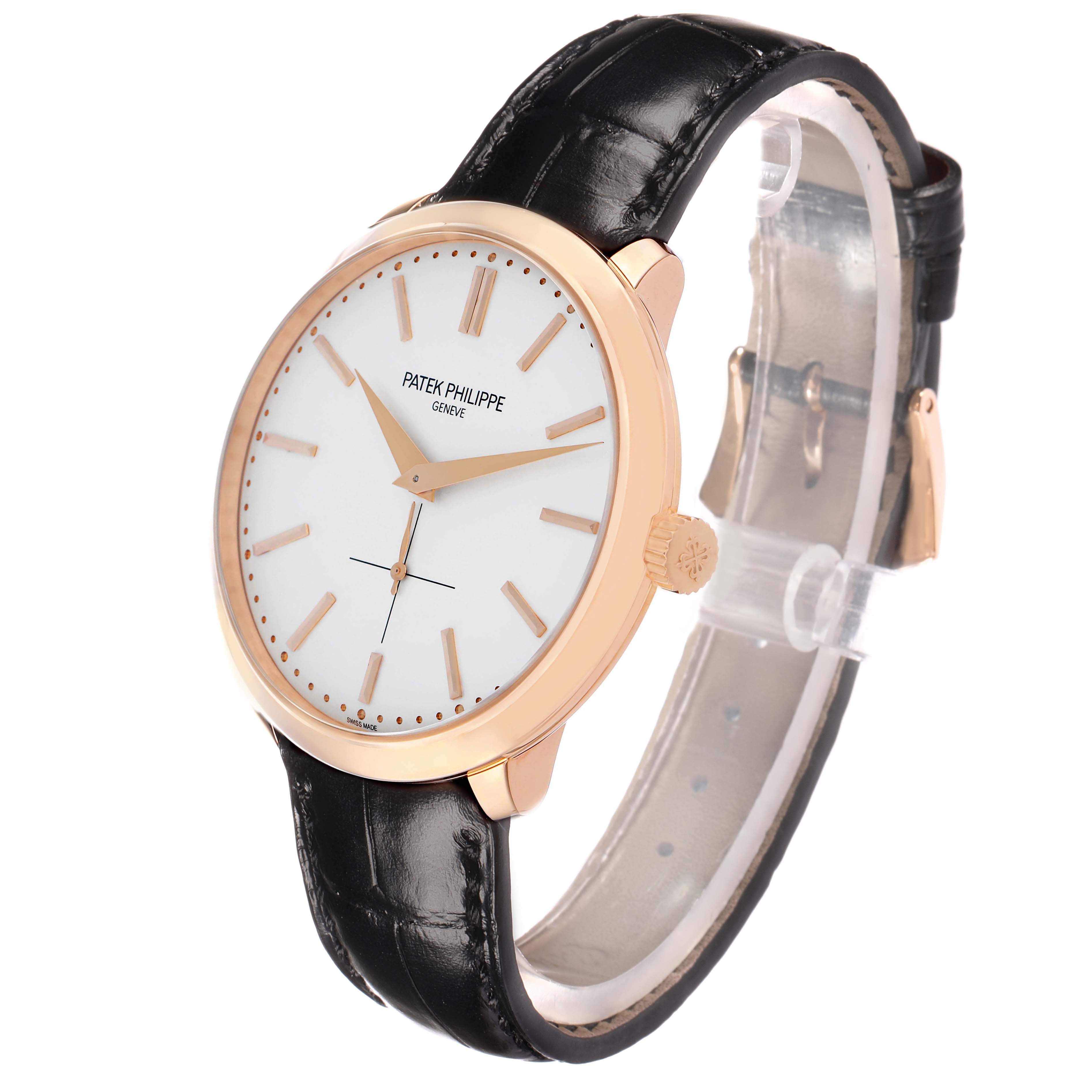The Patek Philippe Calatrava 5123R Men
s Rose Gold Silver Dial watch is shown at an angle highlighting the face, bezel, crown, and black leather strap.