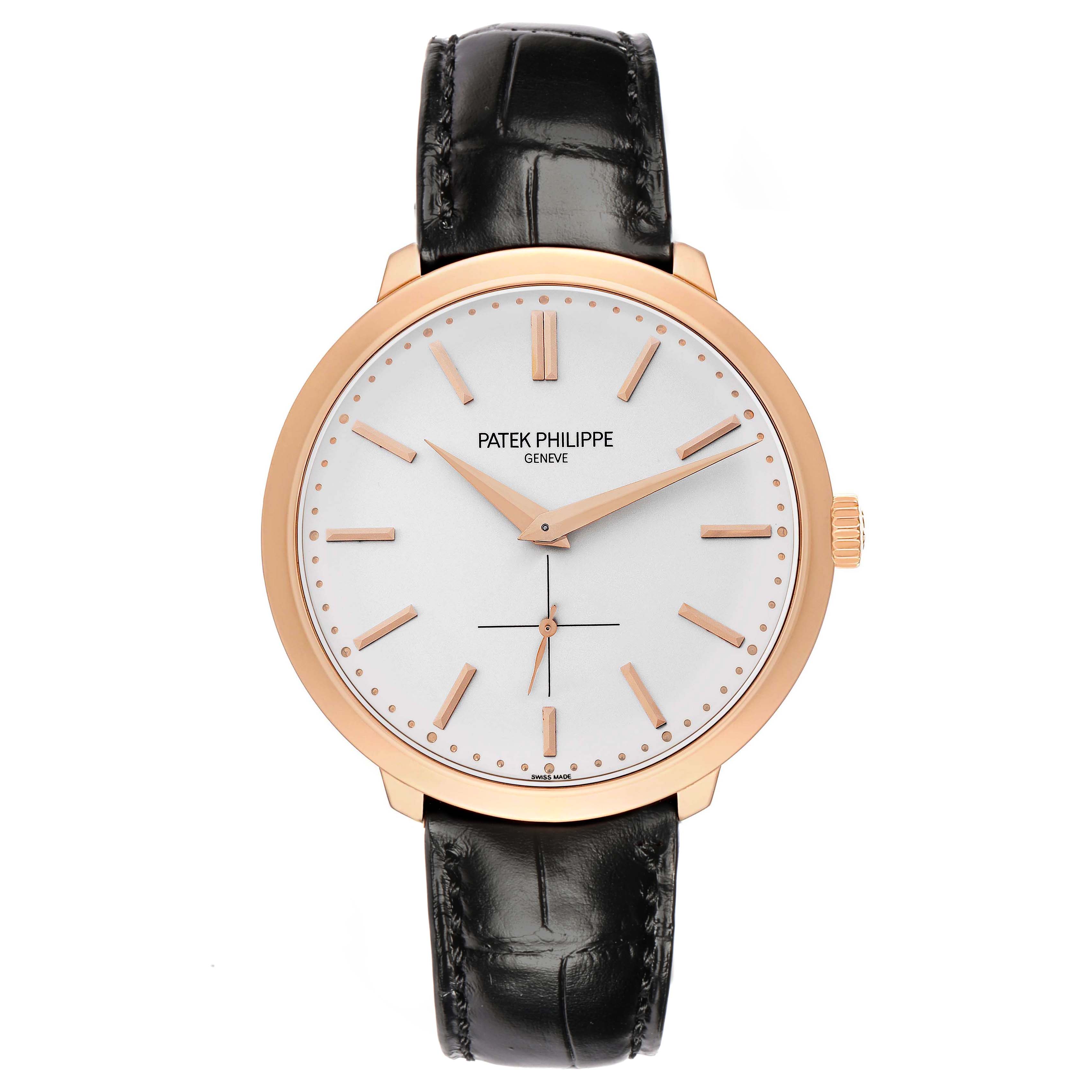 The image shows a Patek Philippe Calatrava 5123R Men
s Rose Gold Silver Dial watch from a front angle, highlighting the face, hands, markers, and leather strap.
