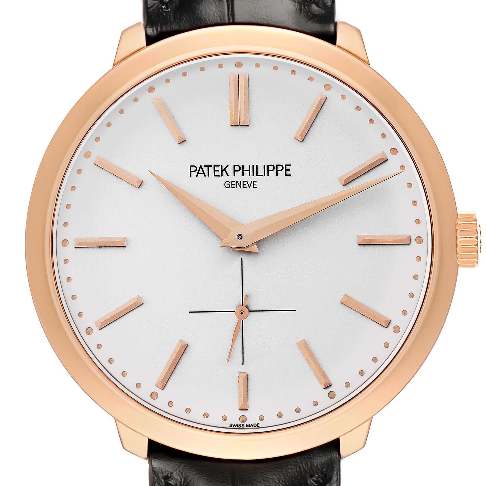 The Patek Philippe Calatrava 5123R Men
s Rose Gold Silver Dial watch is shown from the front, highlighting its dial, hands, markers, crown, and part of the strap.