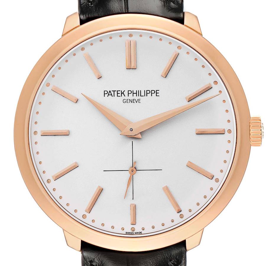 The Patek Philippe Calatrava 5123R Men's Rose Gold Silver Dial watch is shown from the front, highlighting its dial, hands, markers, crown, and part of the strap.