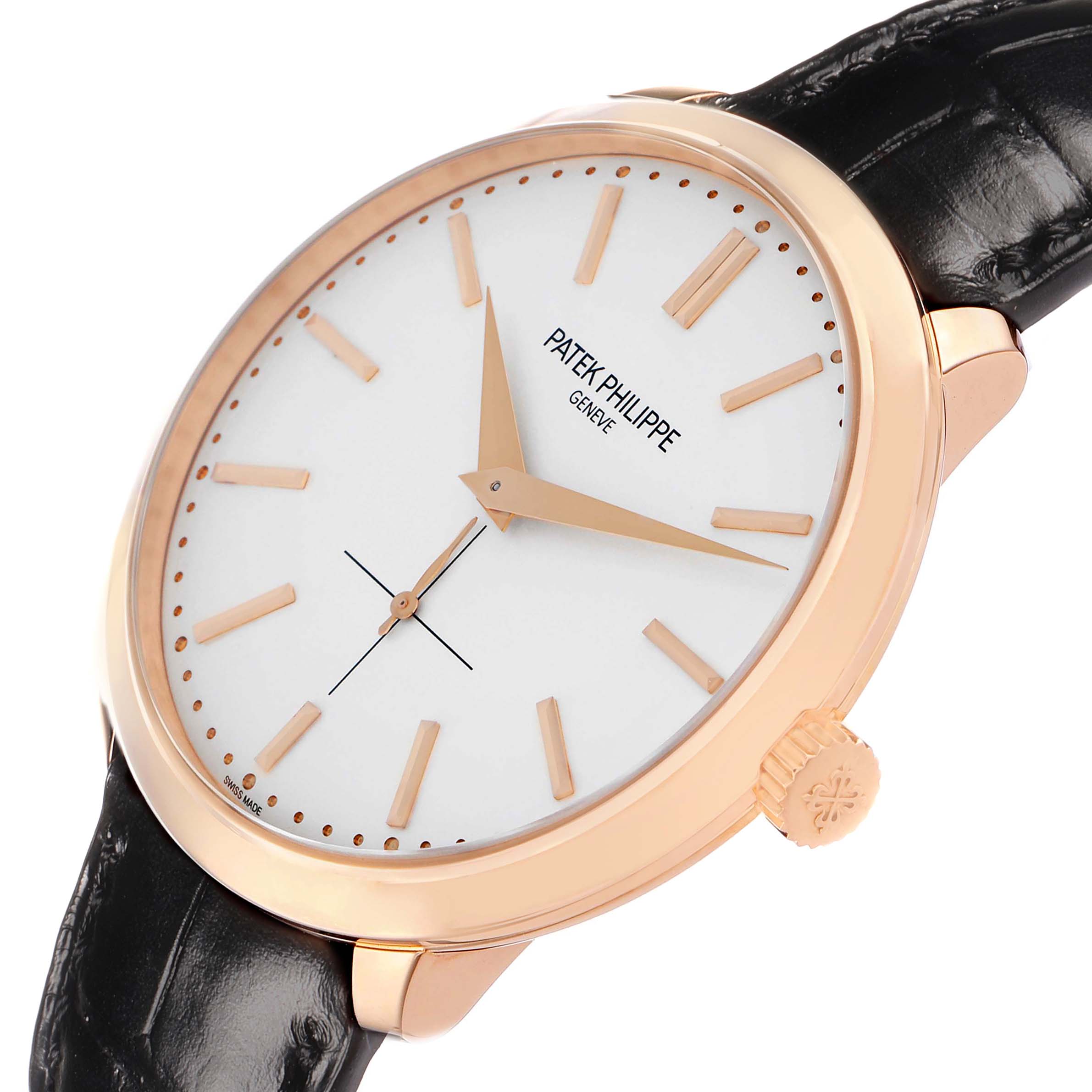 The Patek Philippe Calatrava 5123R Men
s Rose Gold Silver Dial watch is shown from a slightly angled side view, highlighting the dial, hands, crown, and strap.