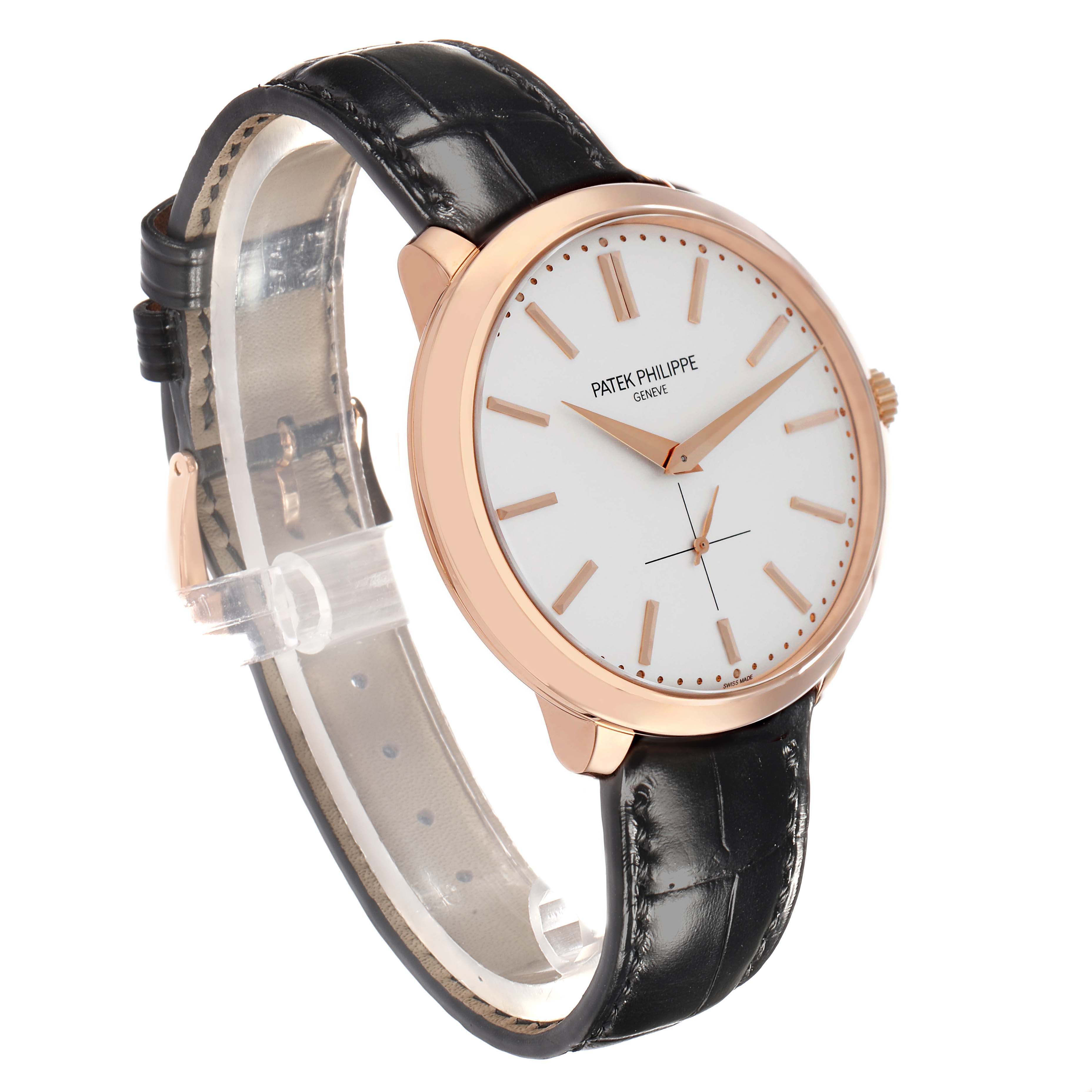 The Patek Philippe Calatrava 5123R Men
s Rose Gold Silver Dial watch is shown at a three-quarter angle, highlighting its rose gold case, white dial, and black leather strap.