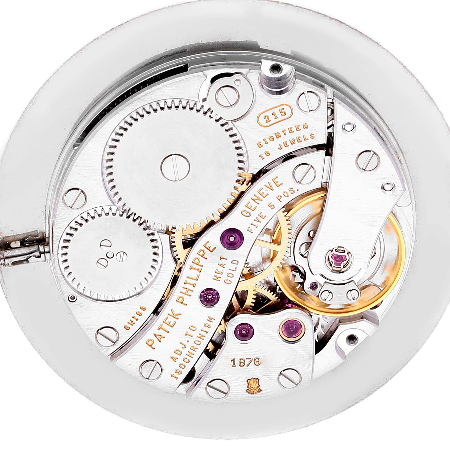 The image shows the internal mechanical movement of a Patek Philippe Calatrava 5022J Men
s Yellow Gold White Dial 5022J Men
s Yellow Gold White Dial watch, viewed from the back.