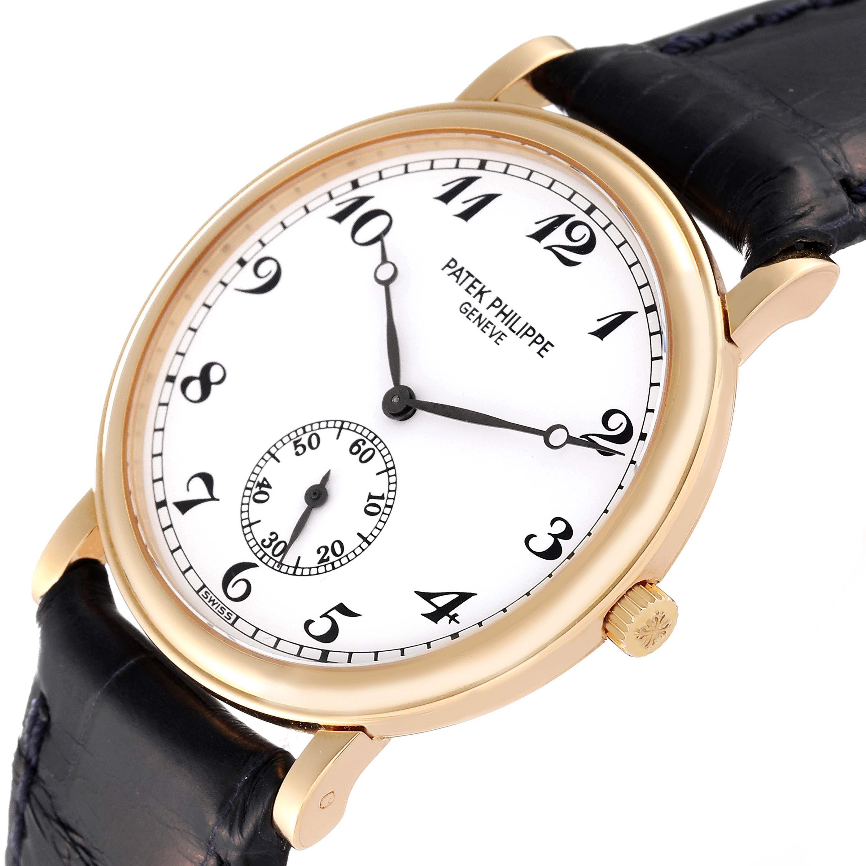 This image shows the face, bezel, crown, and strap of a Patek Philippe Calatrava 5022J Men
s Yellow Gold White Dial 5022J Men
s Yellow Gold White Dial watch at a slight angle.