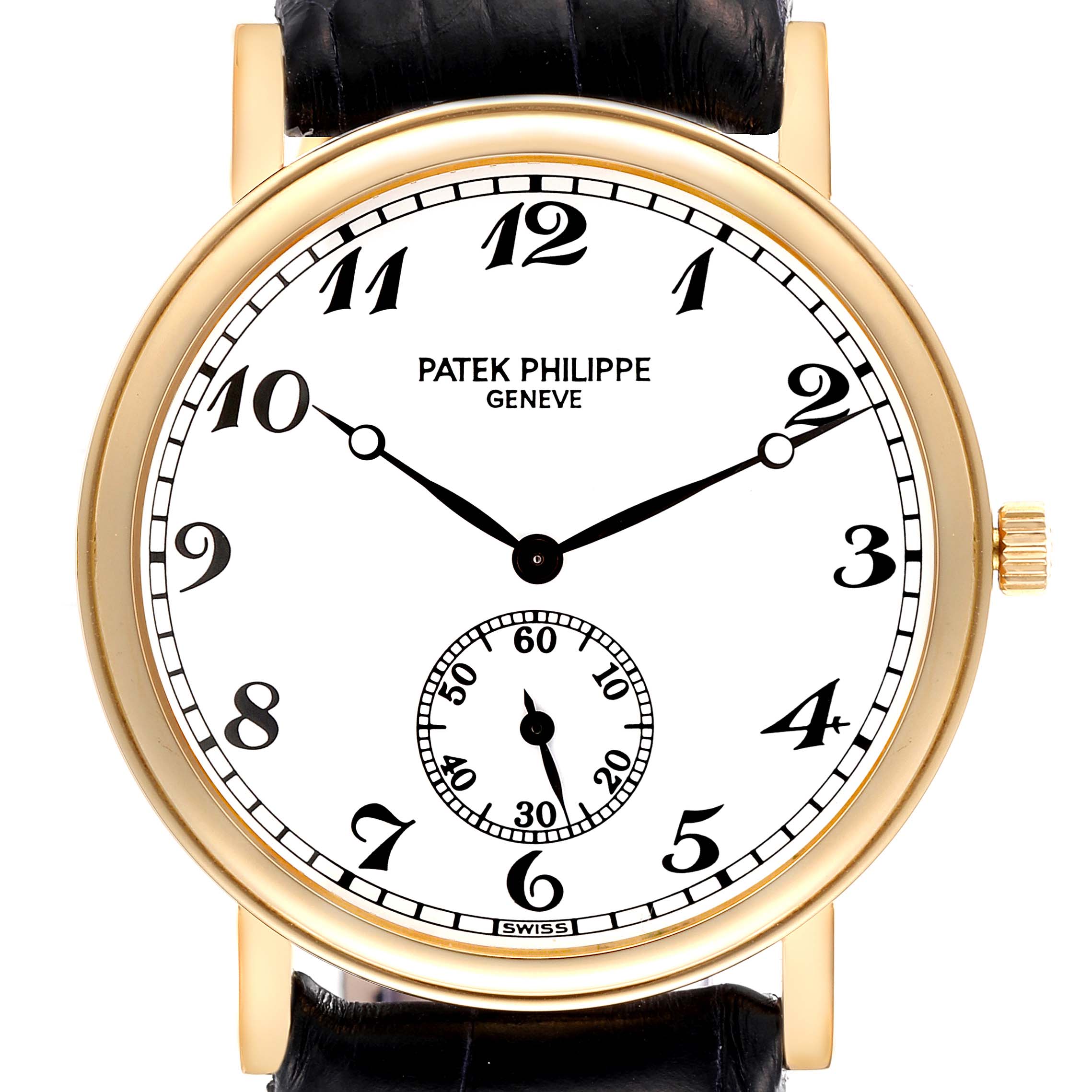 This image shows a front view of the Patek Philippe Calatrava 5022J Men
s Yellow Gold White Dial 5022J Men
s Yellow Gold White Dial watch, highlighting the dial, hour markers, hands, and crown.