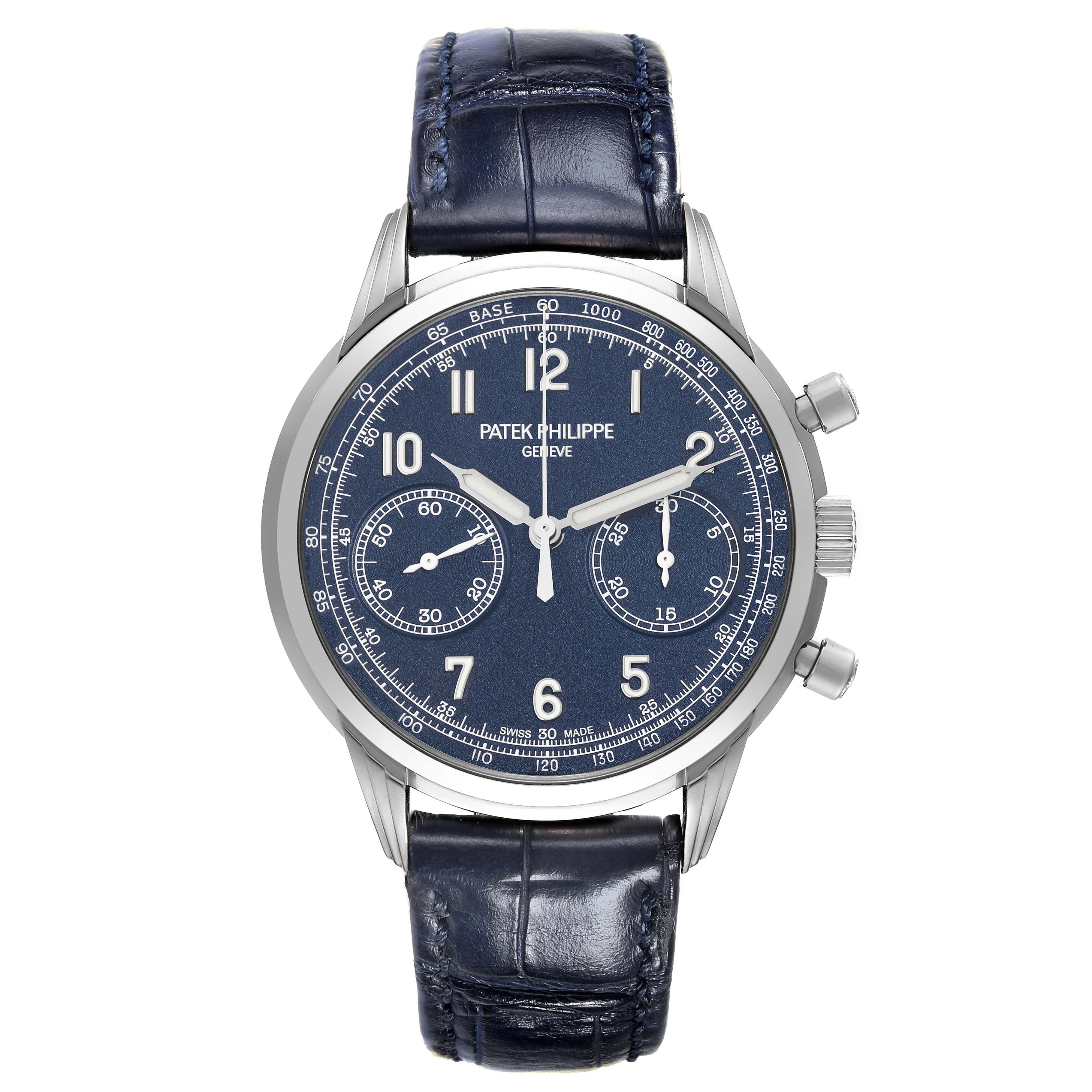 This image shows a front view of the Patek Philippe Complications 5172G-001 Men's White Gold Blue Dial 5172G-001 Men's White Gold Blue Dial model watch, highlighting its face, subdials, buttons, and leather strap.