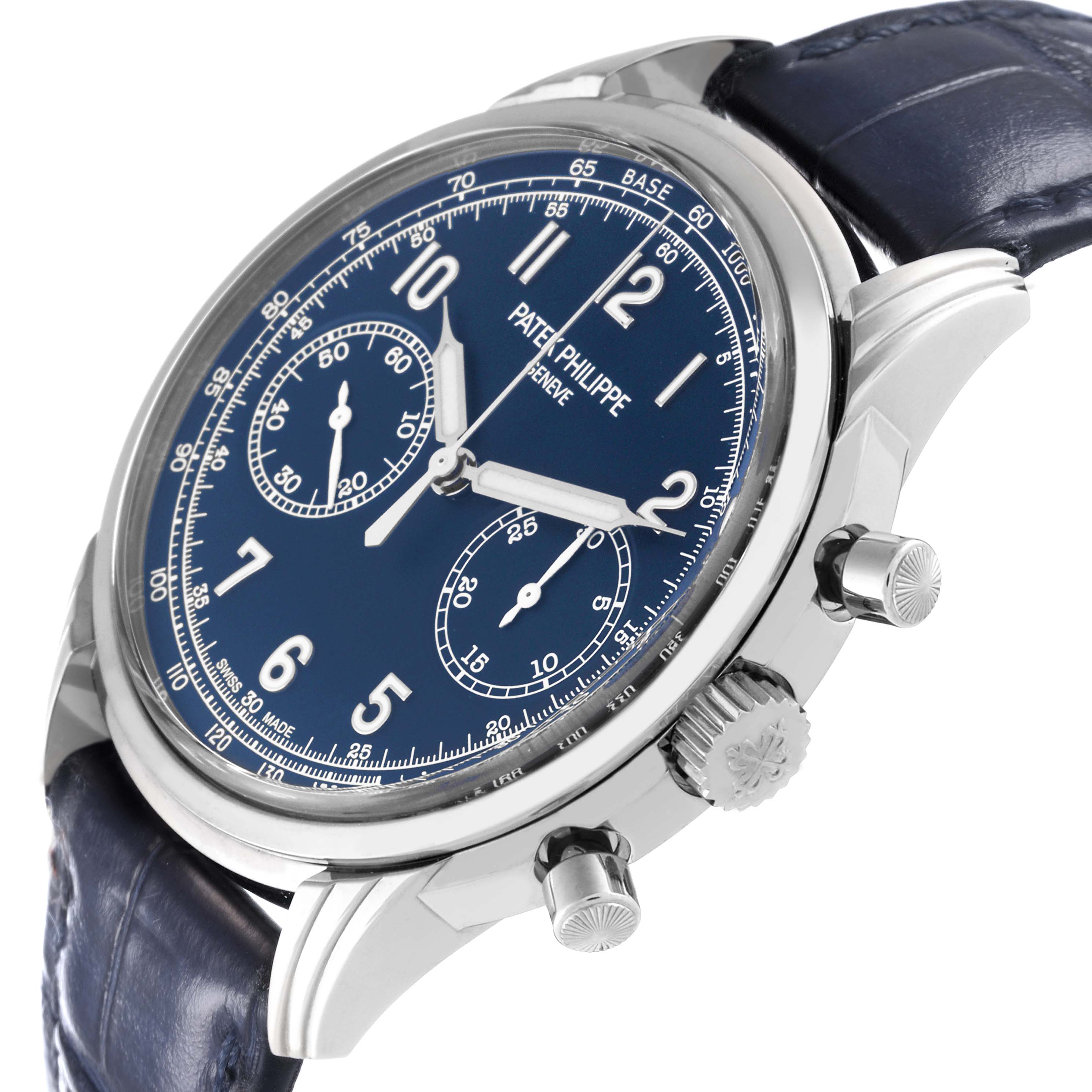 The image shows a close-up angle of the Patek Philippe Complications 5172G-001 Men's White Gold Blue Dial 5172G-001 Men's White Gold Blue Dial model, highlighting its blue dial, crown, pushers, and leather strap.