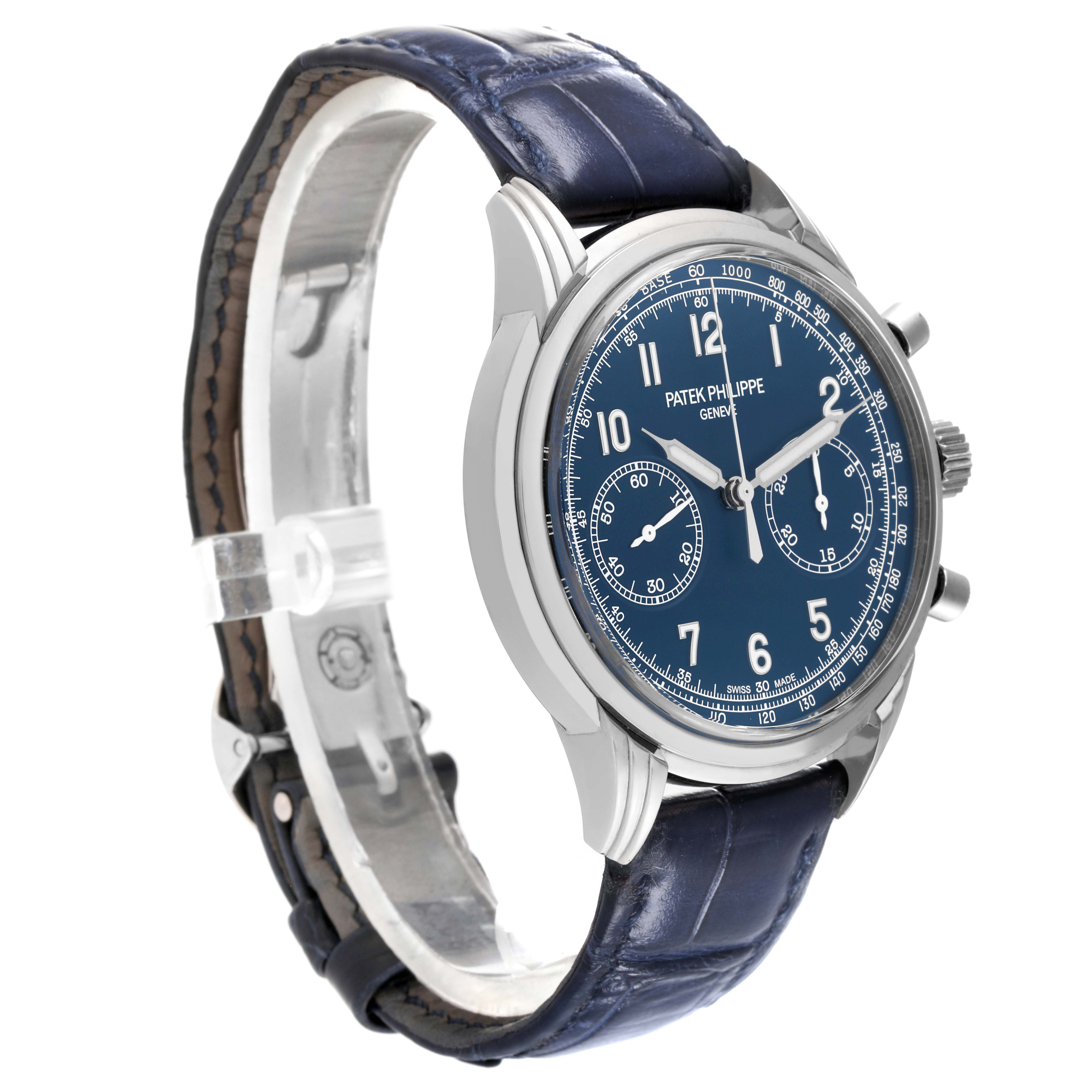The image shows a side-angle view of the Patek Philippe Complications 5172G-001 Men's White Gold Blue Dial 5172G-001 Men's White Gold Blue Dial watch featuring its face, crown, pushers, and leather strap.