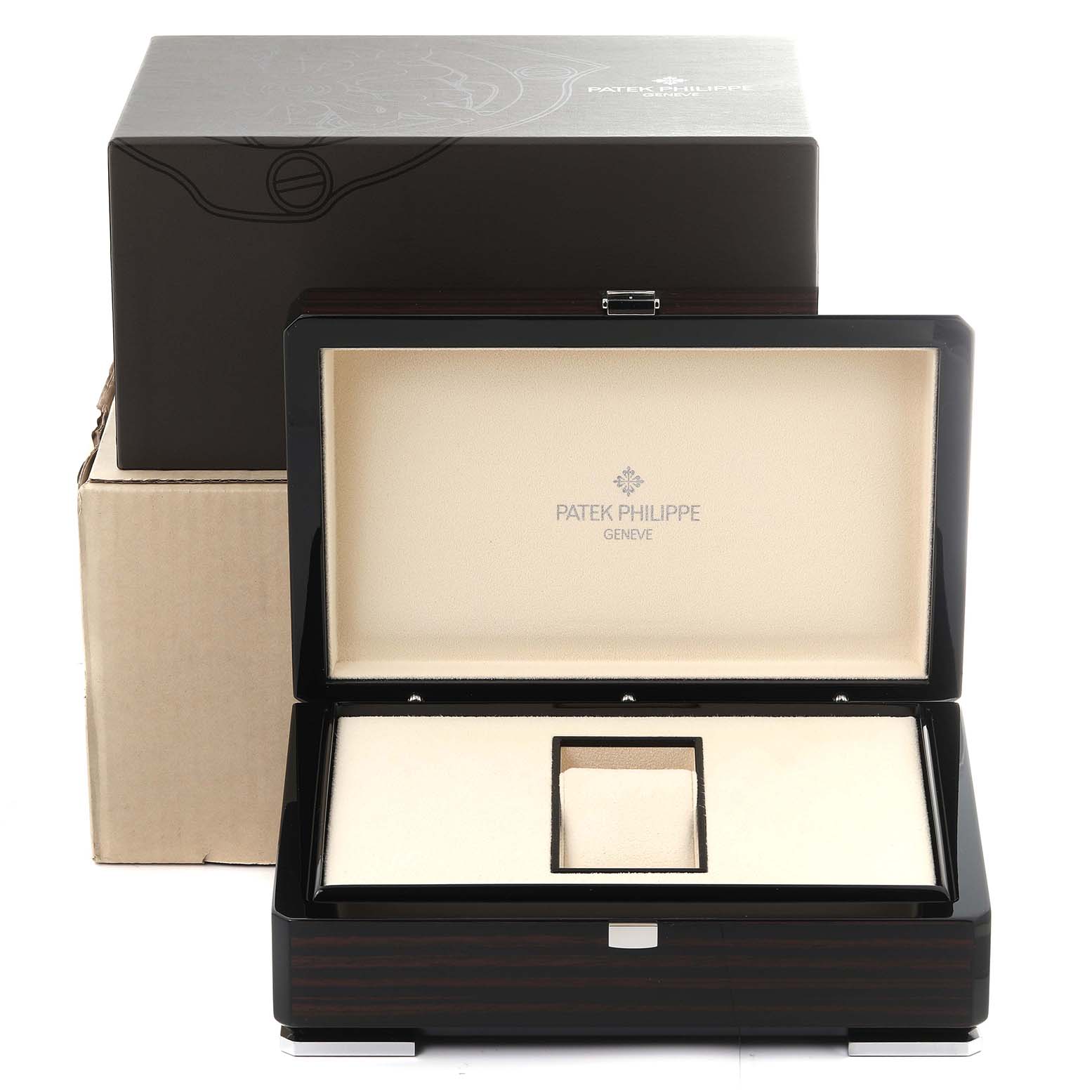This image shows the open luxury presentation box and outer packaging for the Patek Philippe Complications 5172G-001 Men's White Gold Blue Dial 5172G-001 Men's White Gold Blue Dial model.