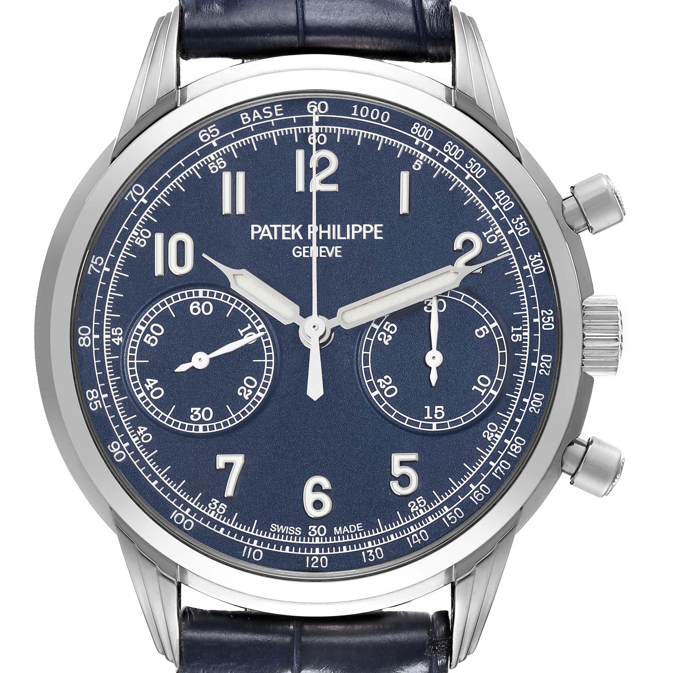 The image shows a front view of the Patek Philippe Complications 5172G-001 Men's White Gold Blue Dial 5172G-001 Men's White Gold Blue Dial watch, highlighting its blue dial, chronograph sub-dials, and buttons.