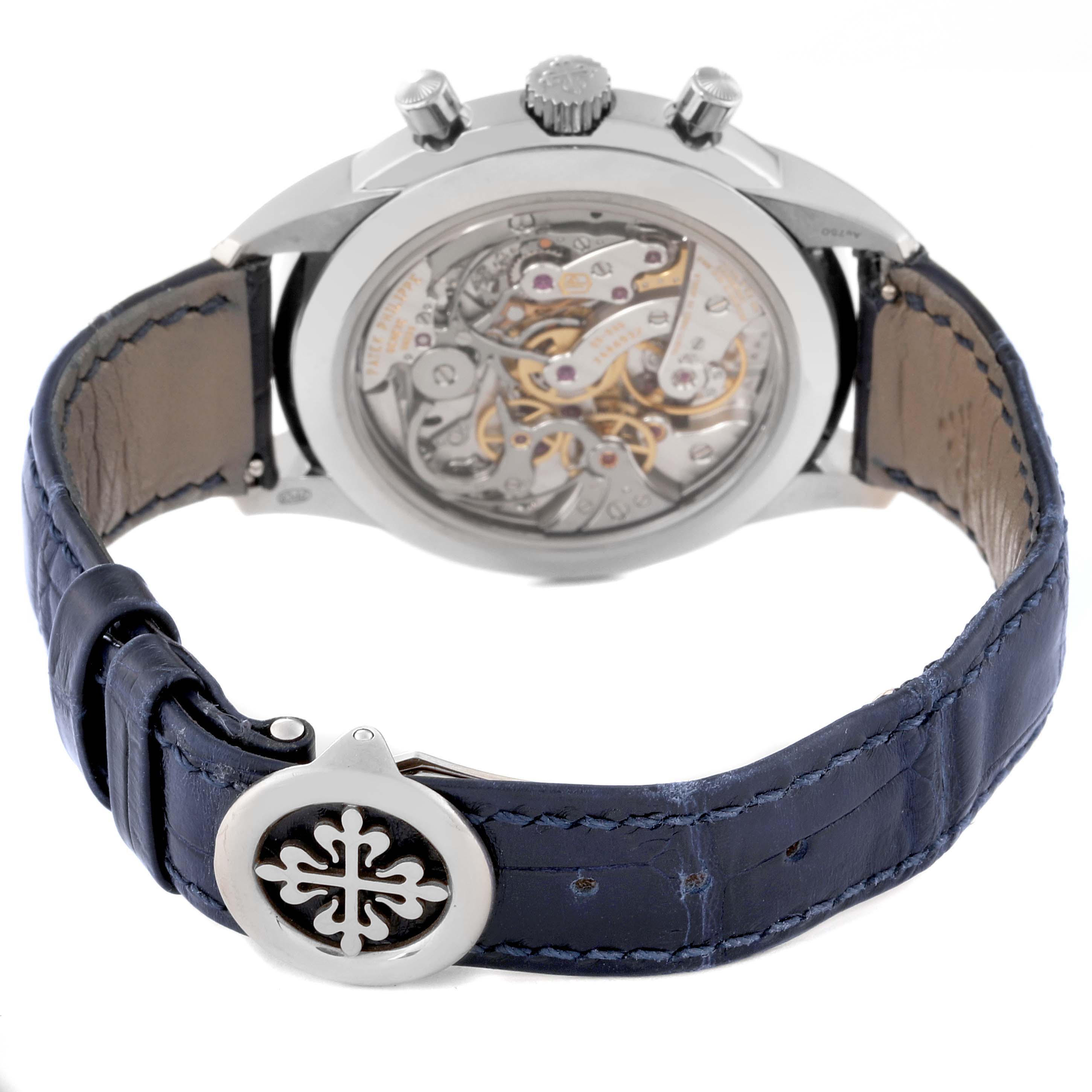 This image shows the rear view of a Patek Philippe Complications 5172G-001 Men's White Gold Blue Dial 5172G-001 Men's White Gold Blue Dial model, highlighting the mechanical movement and the clasp.