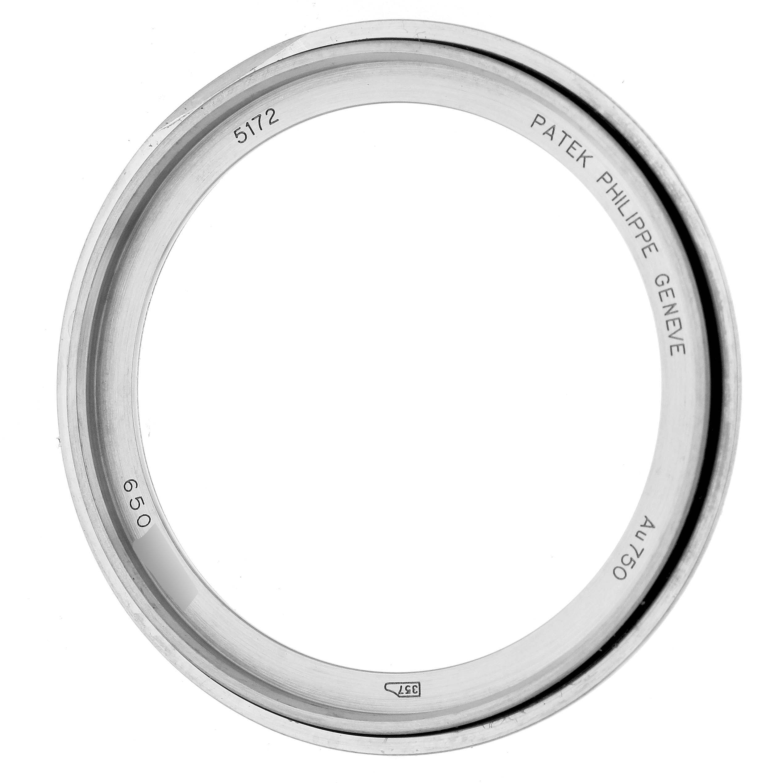 The image shows a top-down view of the bezel for a Patek Philippe Complications 5172G-001 Men's White Gold Blue Dial 5172G-001 Men's White Gold Blue Dial model watch.