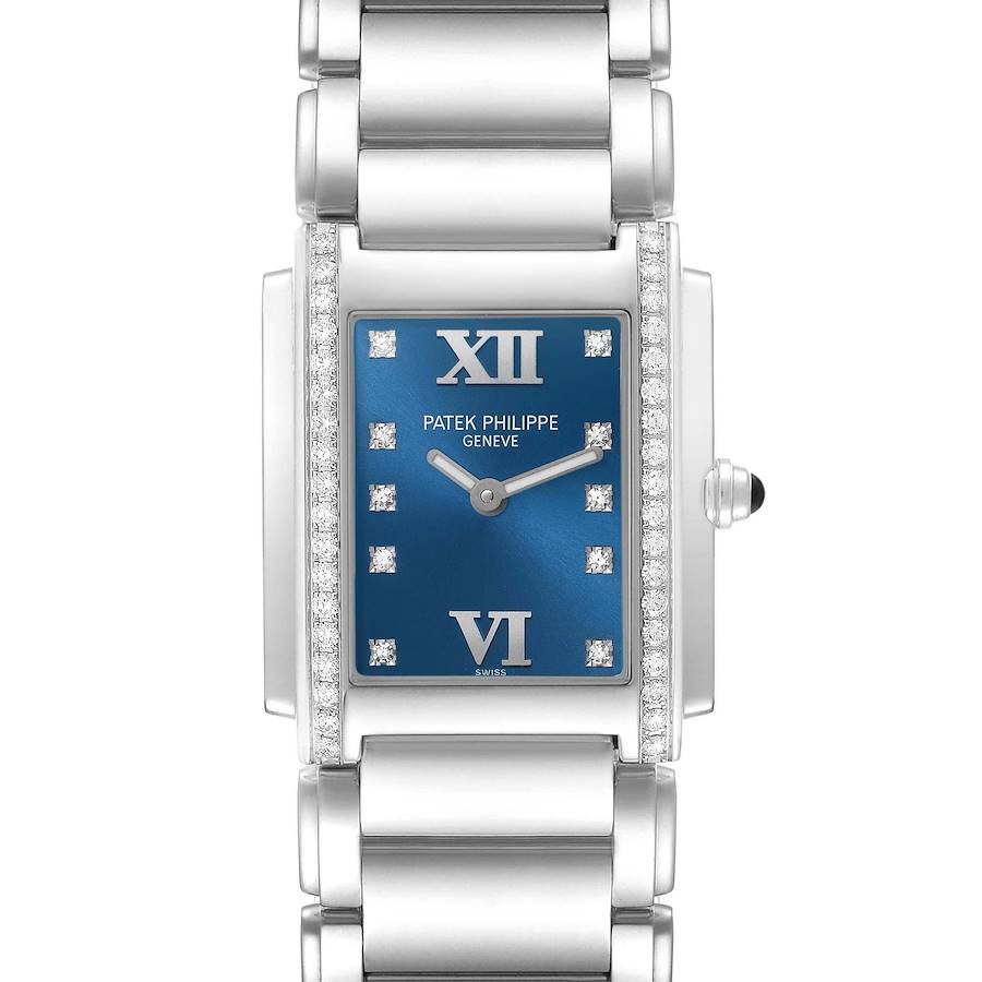 The Patek Philippe Twenty-4 4910 Women's Stainless Steel Blue Dial watch is shown from the front, highlighting its rectangular face, blue dial, diamond accents, and bracelet.