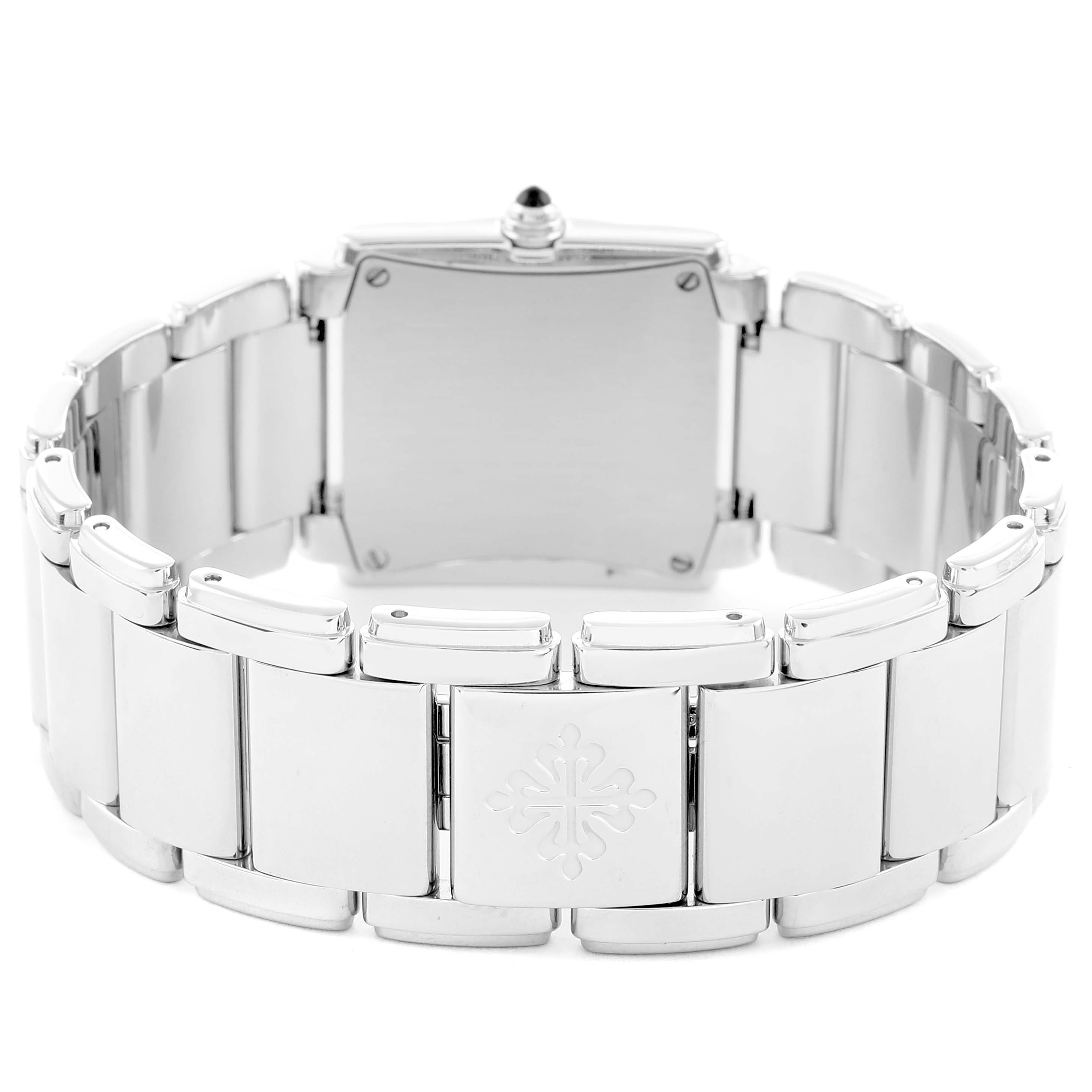 The image shows the back and bracelet of the Patek Philippe Twenty-4 4910 Women
s Stainless Steel Blue Dial watch, highlighting the clasp with the logo.