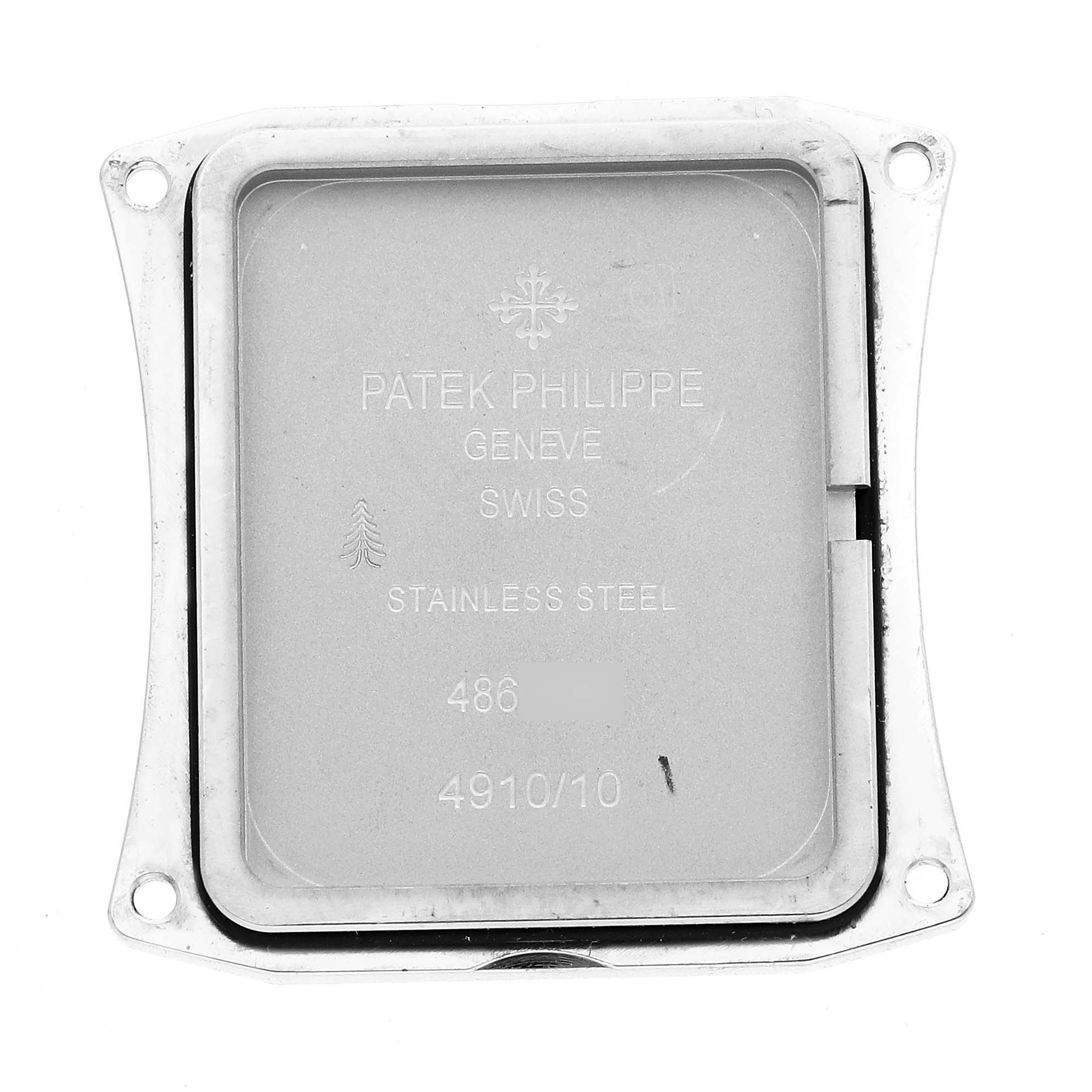 The image shows the back casing of a Patek Philippe Twenty-4 4910 Women
s Stainless Steel Blue Dial watch, displaying engravings and stainless steel material.