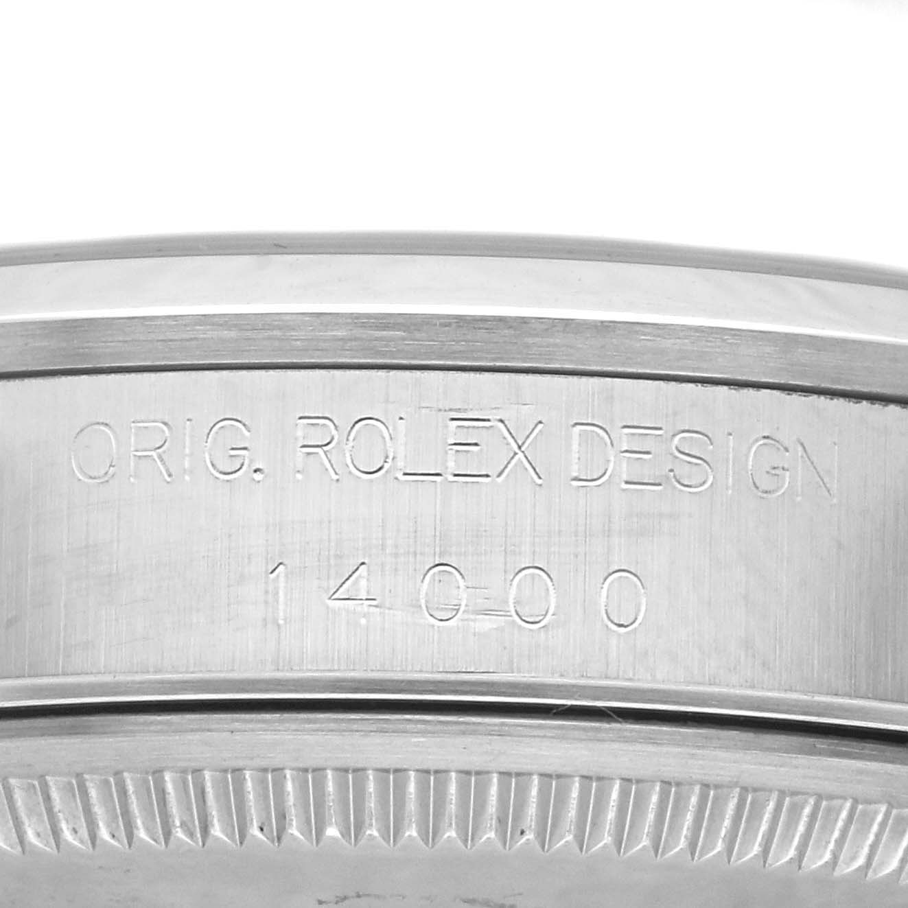 This is a close-up view of the side casing of a Rolex Air-King 14000 Men's Stainless Steel Black Dial 14000 Men's Stainless Steel Black Dial watch, showing the engraved model number and "ORIG. ROLEX DESIGN" text.