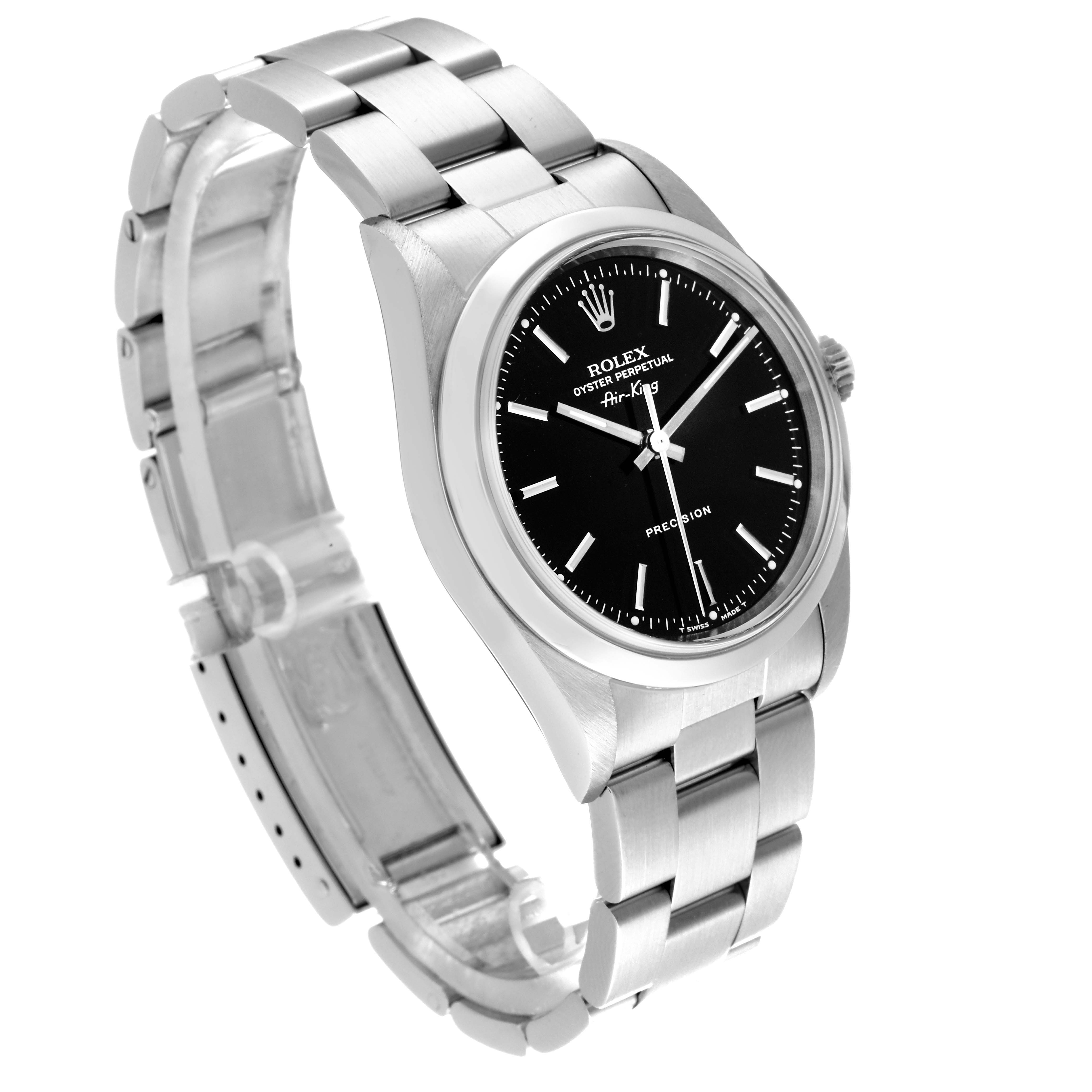 The image shows the Rolex Air-King 14000 Men's Stainless Steel Black Dial 14000 Men's Stainless Steel Black Dial watch at a slight angle, highlighting the face, crown, and part of the bracelet.