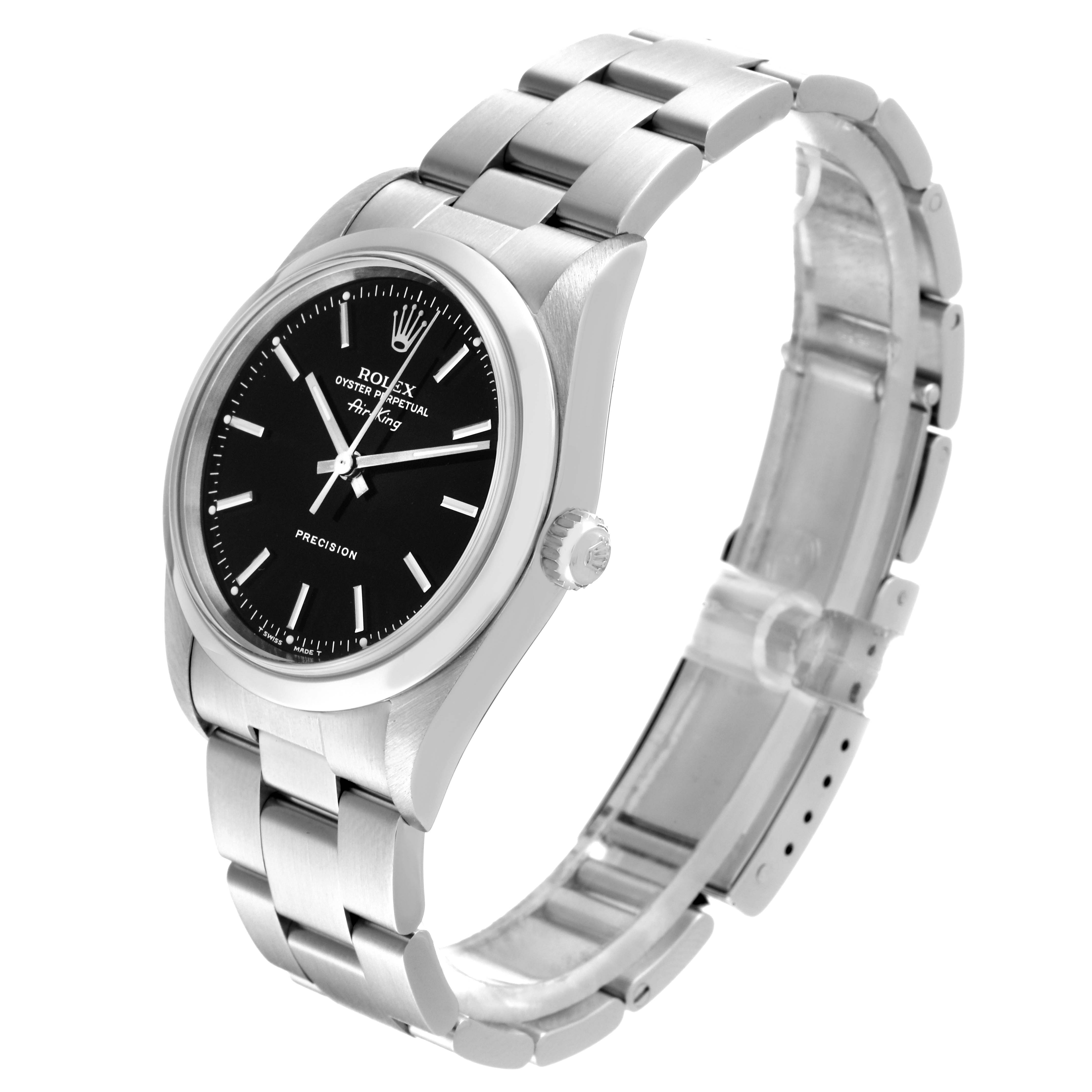 The image shows a Rolex Air-King 14000 Men's Stainless Steel Black Dial 14000 Men's Stainless Steel Black Dial watch at a three-quarter angle, displaying the face, case, crown, and bracelet.