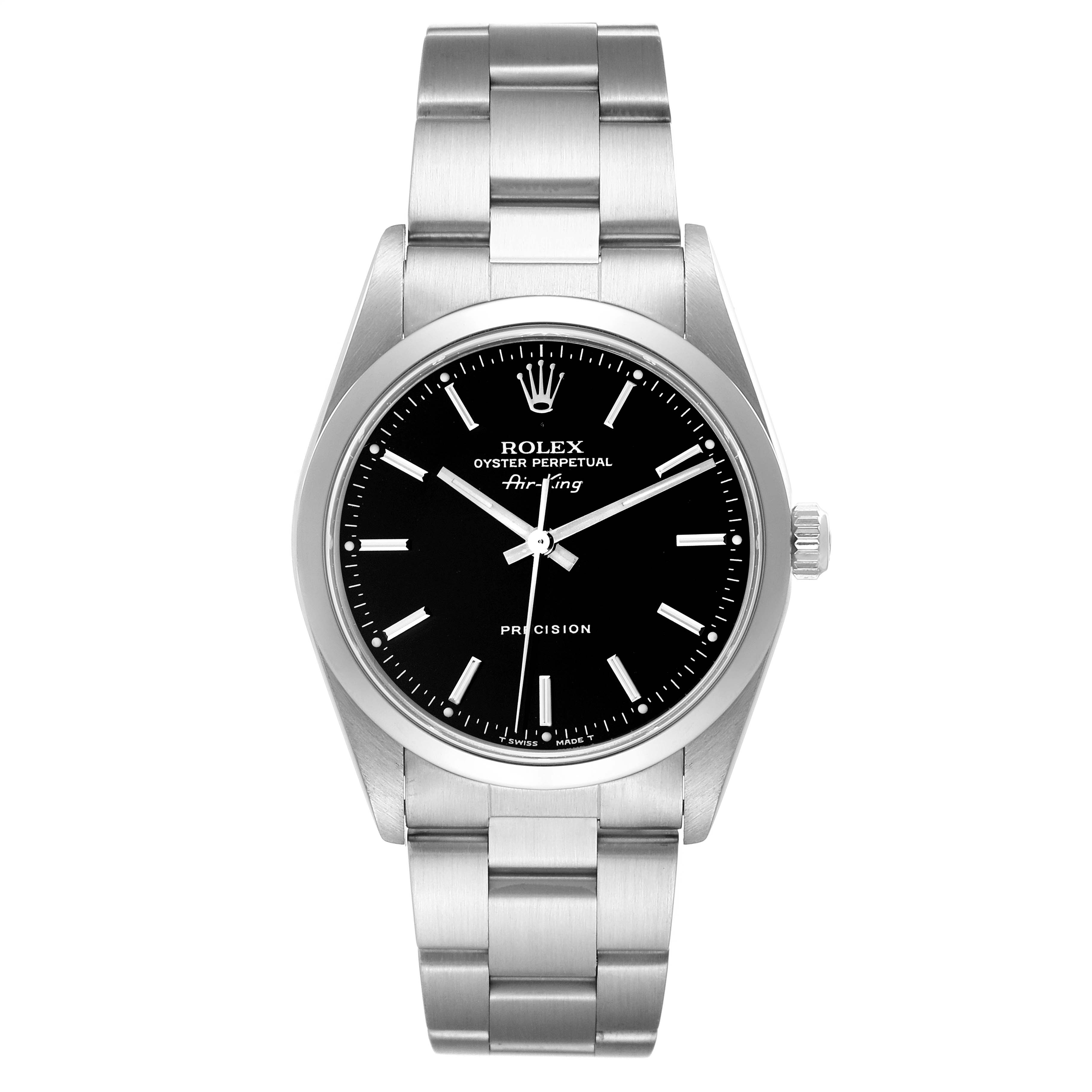 The image shows a front view of the Rolex Air-King 14000 Men's Stainless Steel Black Dial 14000 Men's Stainless Steel Black Dial watch, emphasizing its black dial, time markers, and metal bracelet.