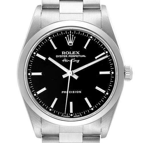 The image shows a front view of a Rolex Air-King watch, highlighting its black dial, silver hour markers, and stainless steel bracelet.