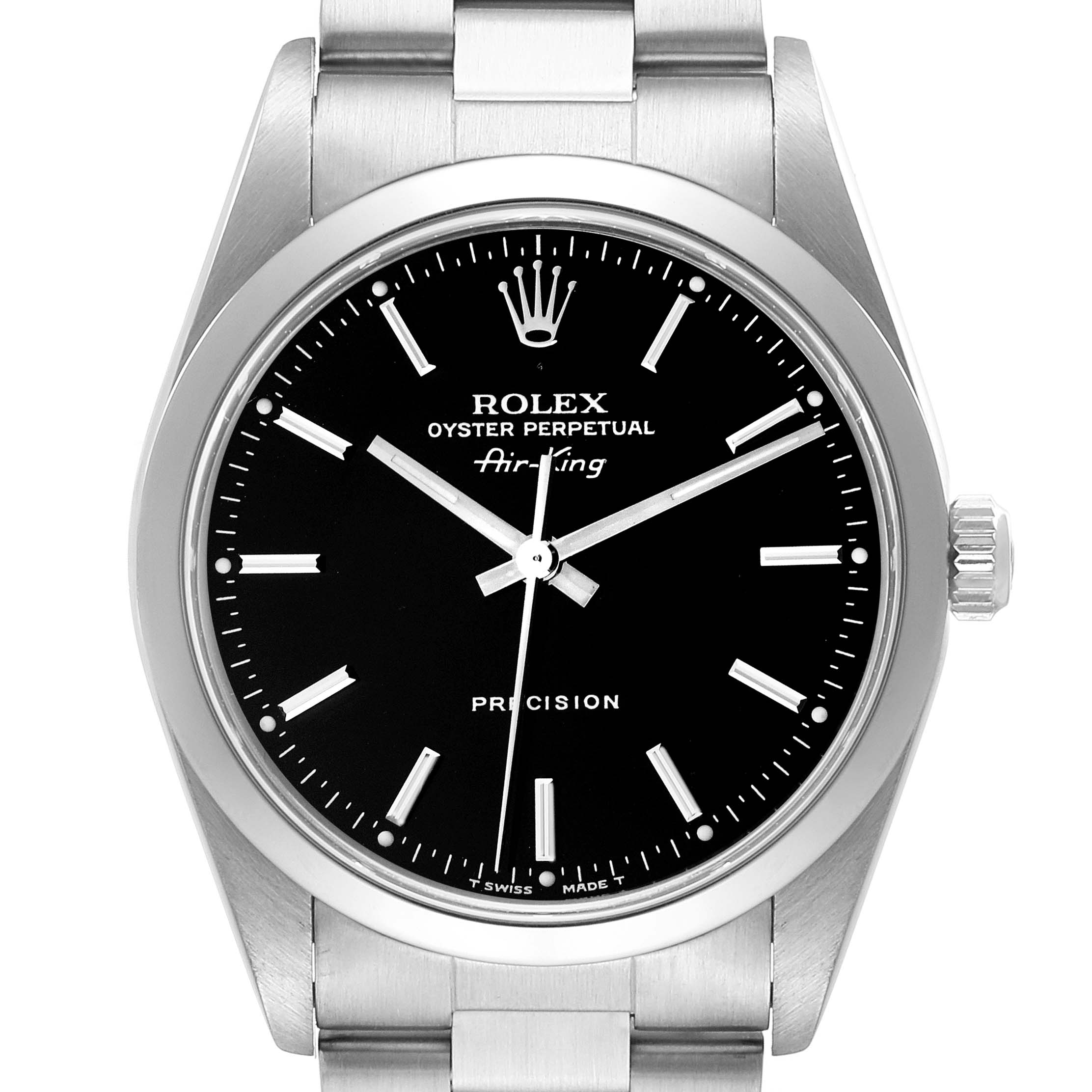 The image displays a front view of the Rolex Air-King 14000 Men's Stainless Steel Black Dial 14000 Men's Stainless Steel Black Dial watch, highlighting its black dial, silver hour markers, and stainless steel bracelet.
