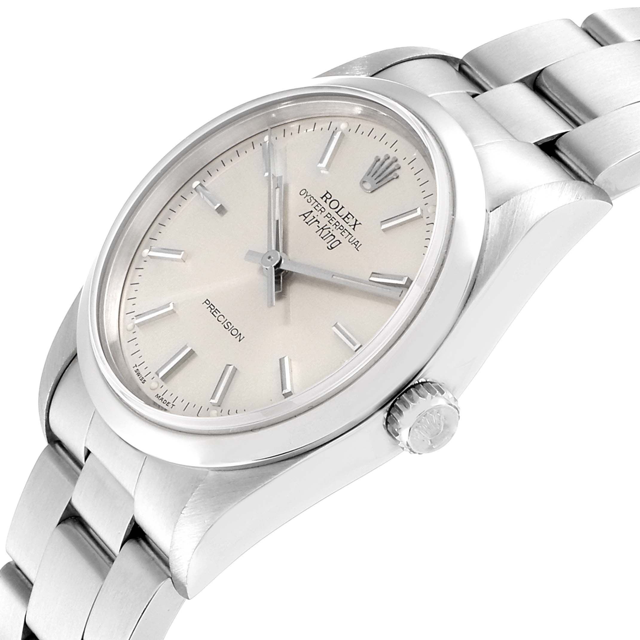 The image shows a Rolex Air-King 14000 Men's Stainless Steel Silver Dial 14000 Men's Stainless Steel Silver Dial watch at a slight angle, highlighting its face, crown, and metal bracelet.