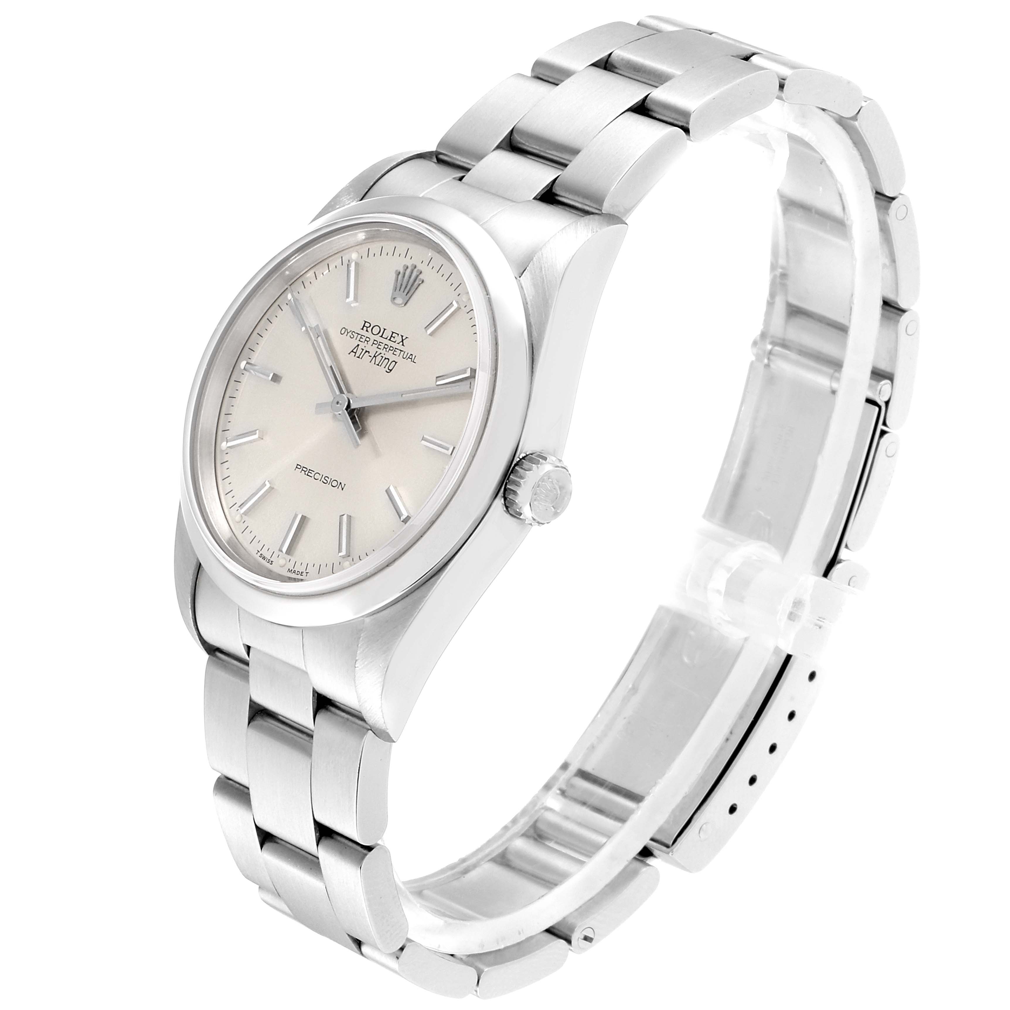 The Rolex Air-King 14000 Men's Stainless Steel Silver Dial 14000 Men's Stainless Steel Silver Dial watch is shown at a slight right-side angle, displaying its dial, case, bezel, and bracelet.