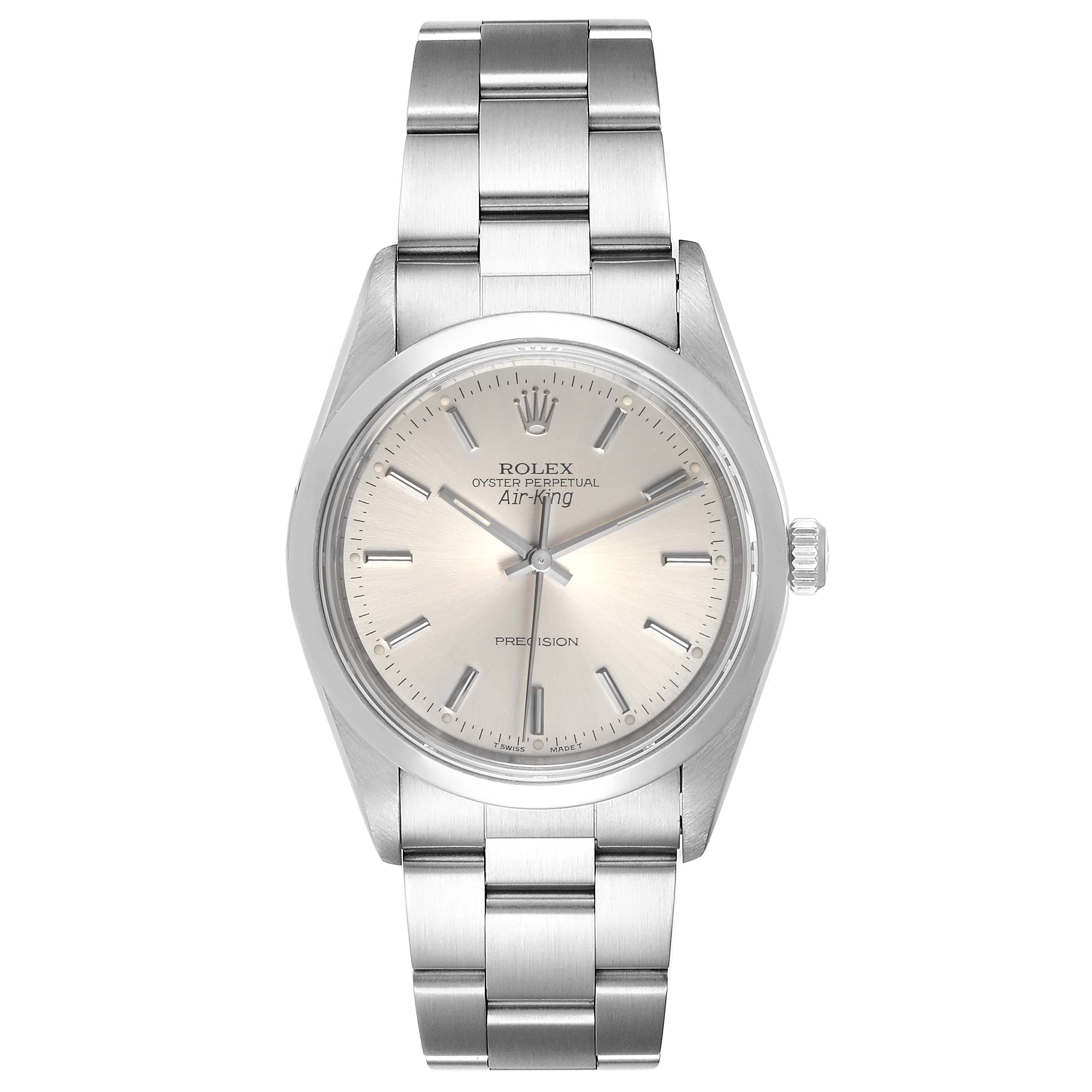 This image shows a front view of a Rolex Air-King 14000 Men's Stainless Steel Silver Dial 14000 Men's Stainless Steel Silver Dial watch, displaying the dial, case, and bracelet.