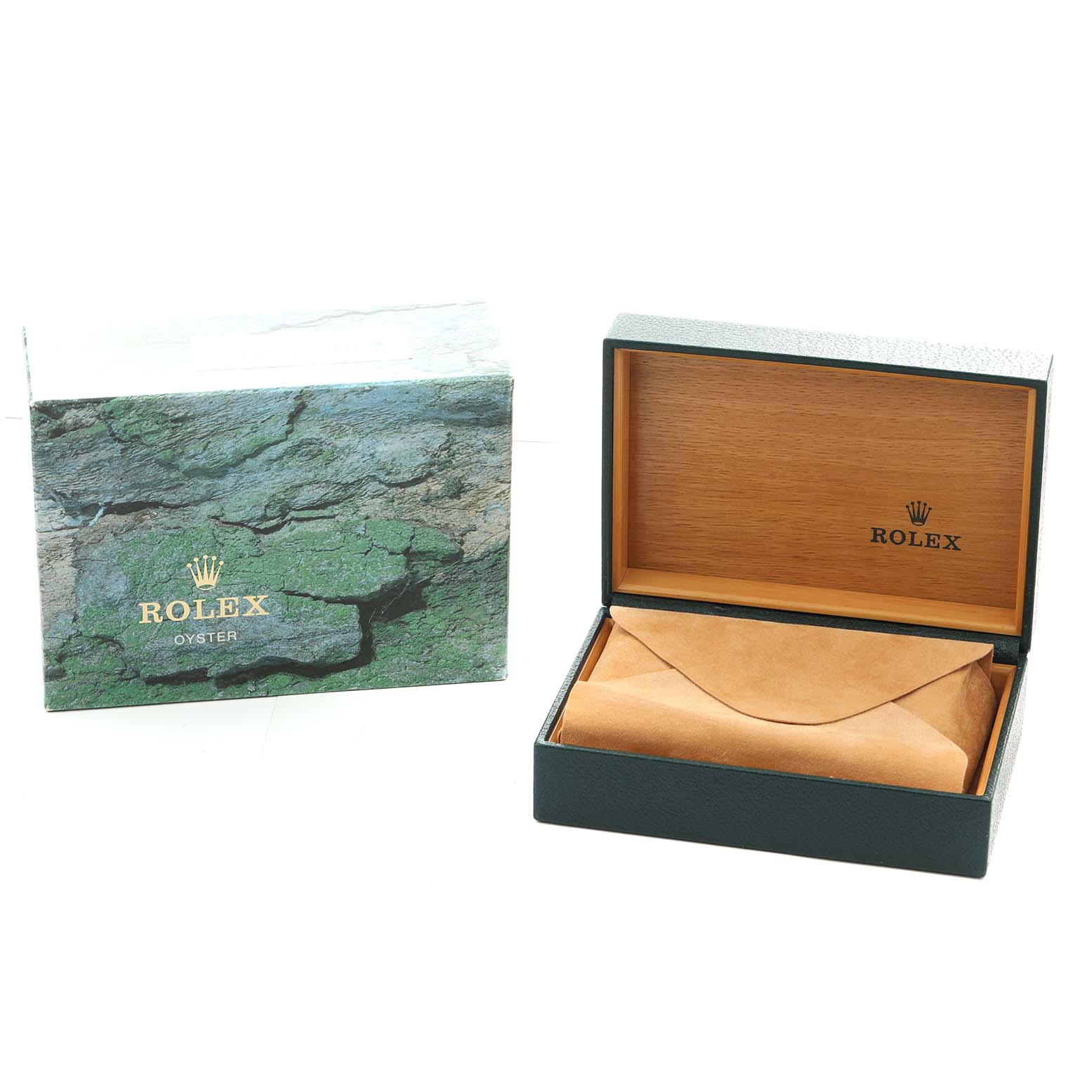 The image shows the Rolex Air-King 14000 Men
s Stainless Steel Silver Dial packaging, including a green outer box and an open wooden interior box with brown lining.