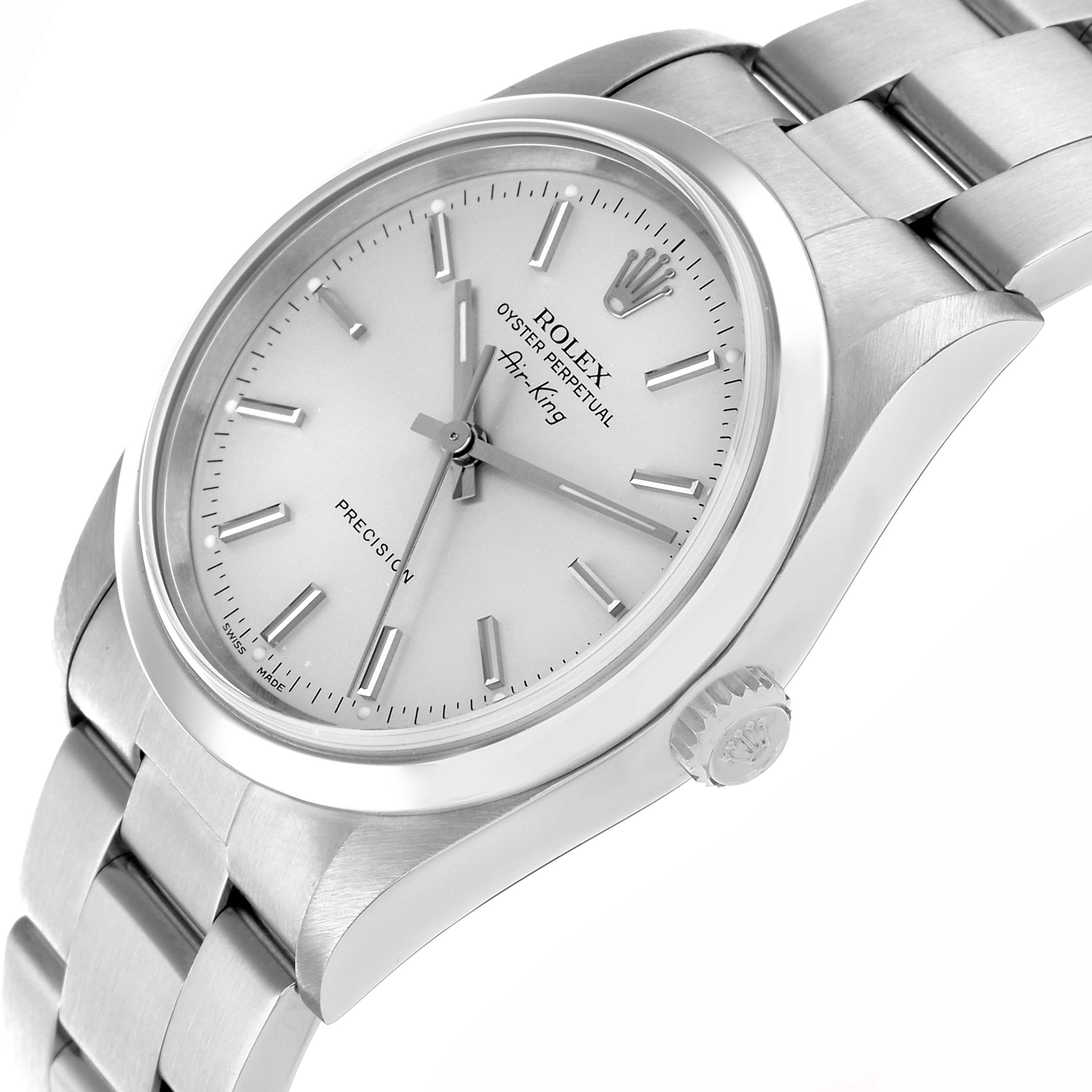 The Rolex Air-King 14000 Men
s Stainless Steel Silver Dial watch is shown from a three-quarter angle, highlighting the face, bezel, crown, and bracelet.