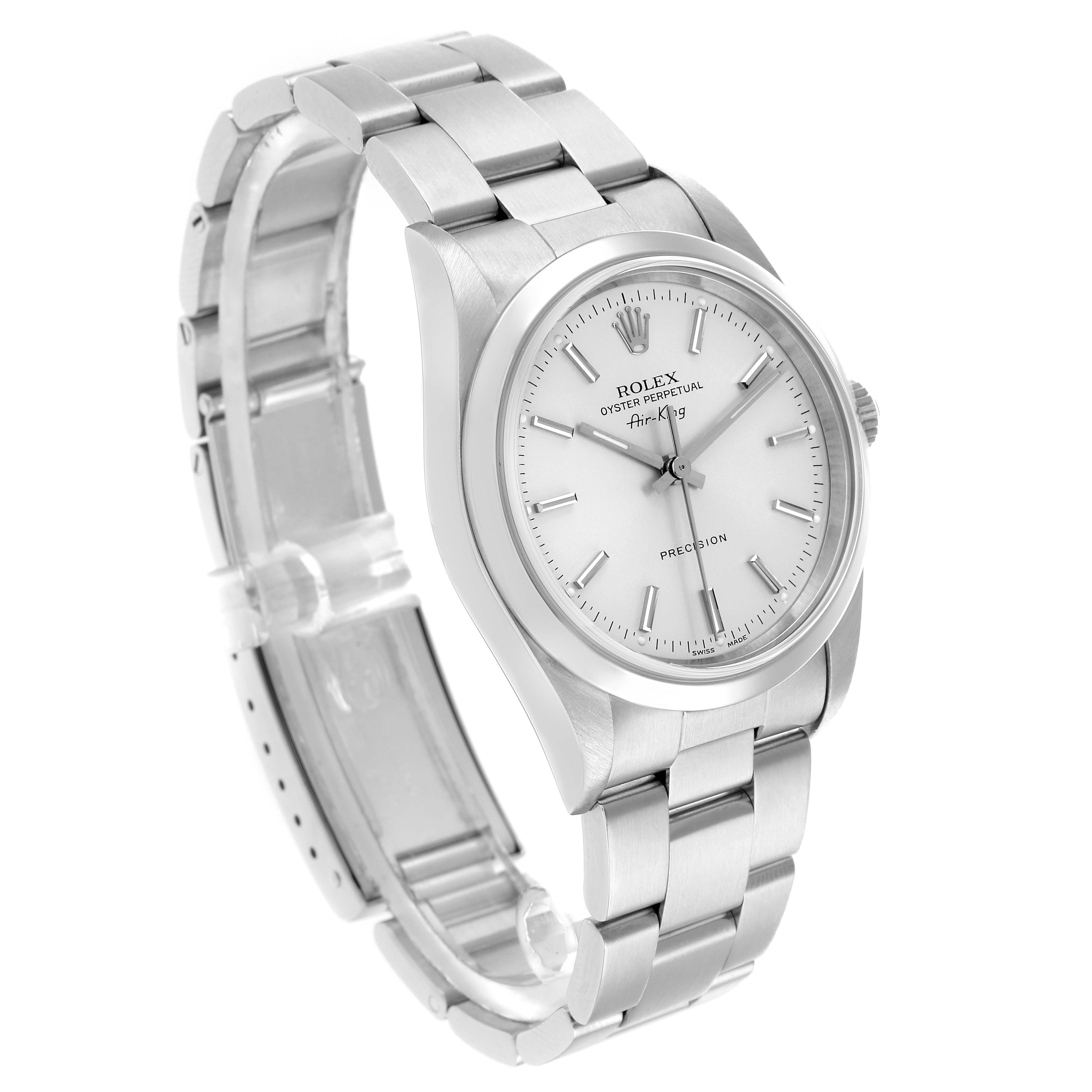 The Rolex Air-King 14000 Men
s Stainless Steel Silver Dial watch is shown from a slight angle, displaying its face, bezel, and bracelet.