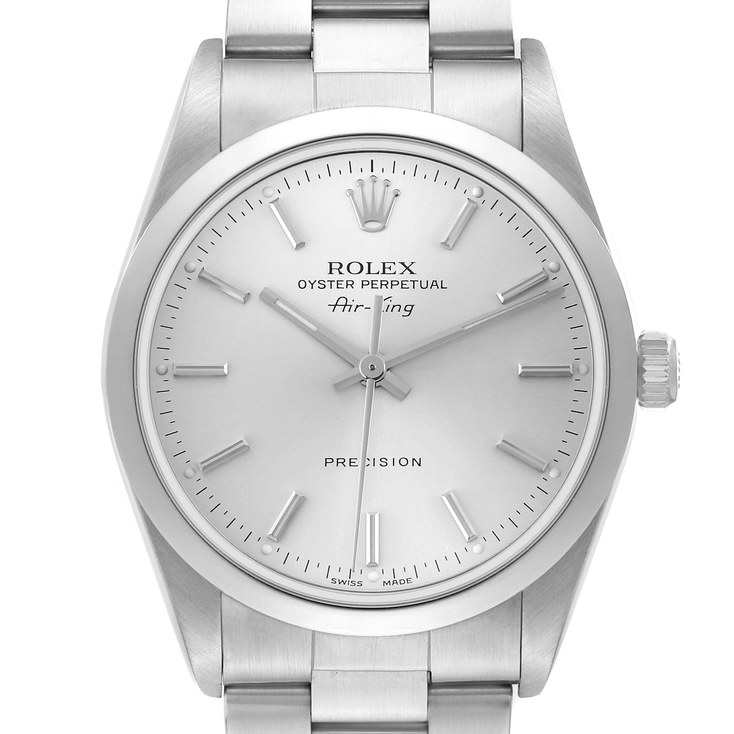 The Rolex Air-King 14000 Men
s Stainless Steel Silver Dial watch is shown from the front, displaying the face, markers, hands, crown, and part of the metal bracelet.