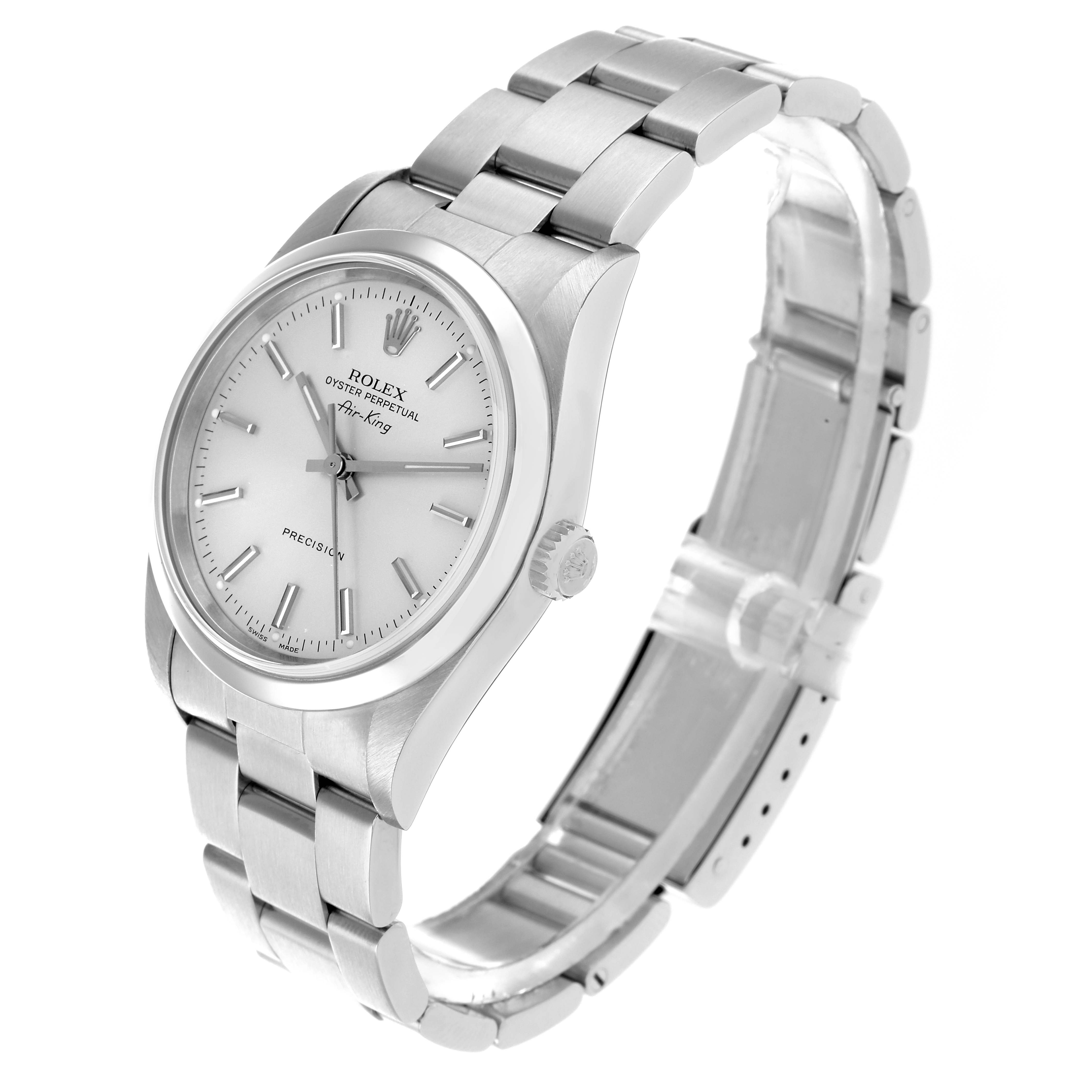 The Rolex Air-King 14000 Men
s Stainless Steel Silver Dial watch is shown at a 3/4 angle, displaying the dial, bezel, crown, and full bracelet.