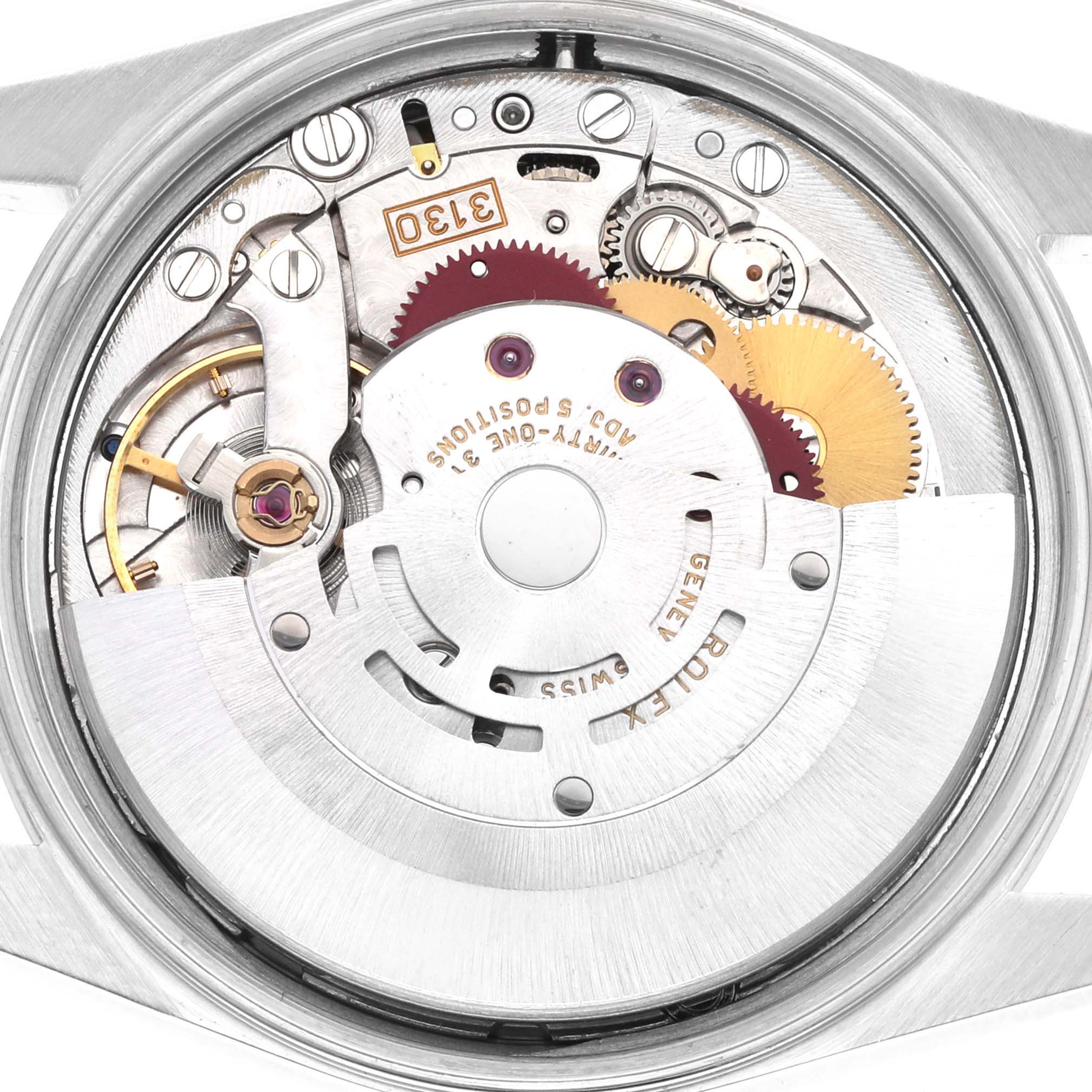 The image shows the movement of a Rolex Air-King 14000 Men
s Stainless Steel Silver Dial watch viewed from the back, highlighting gears and mechanical components.