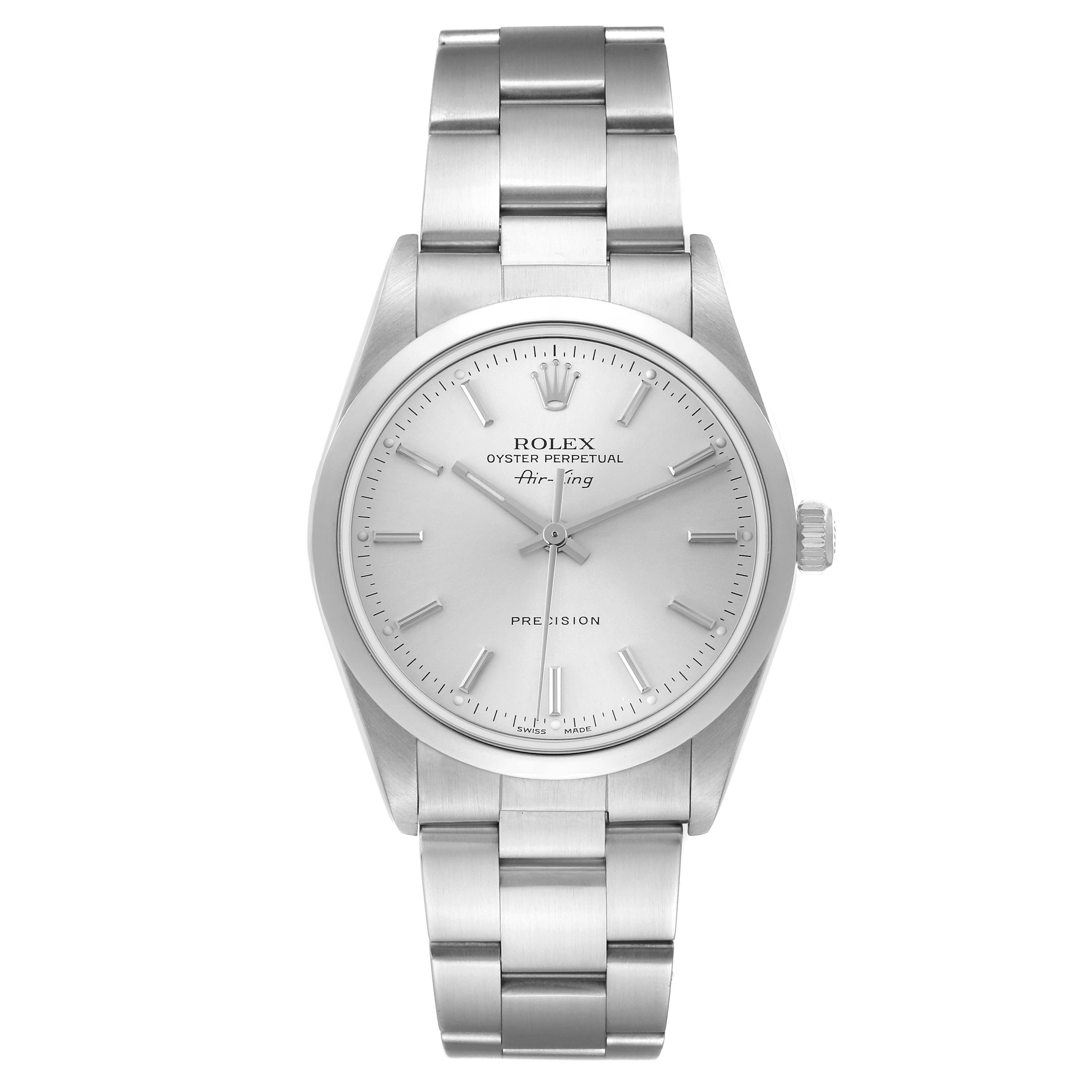 The Rolex Air-King 14000 Men
s Stainless Steel Silver Dial watch is shown from a top view, highlighting the full dial, bracelet, case, and crown.