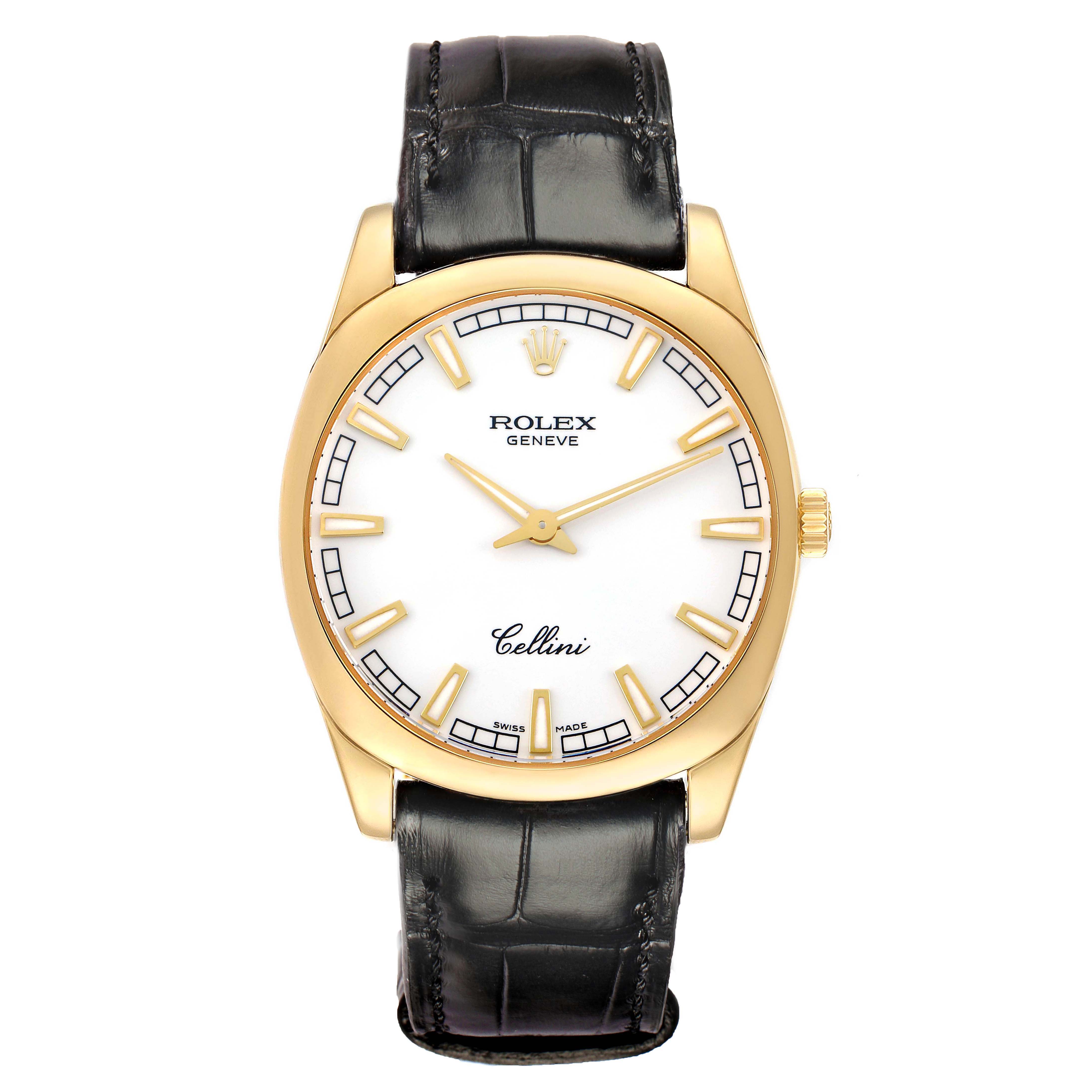 The Rolex Cellini 4243 Men
s Yellow Gold White Dial watch is shown from the front, highlighting the face, strap, and gold casing.