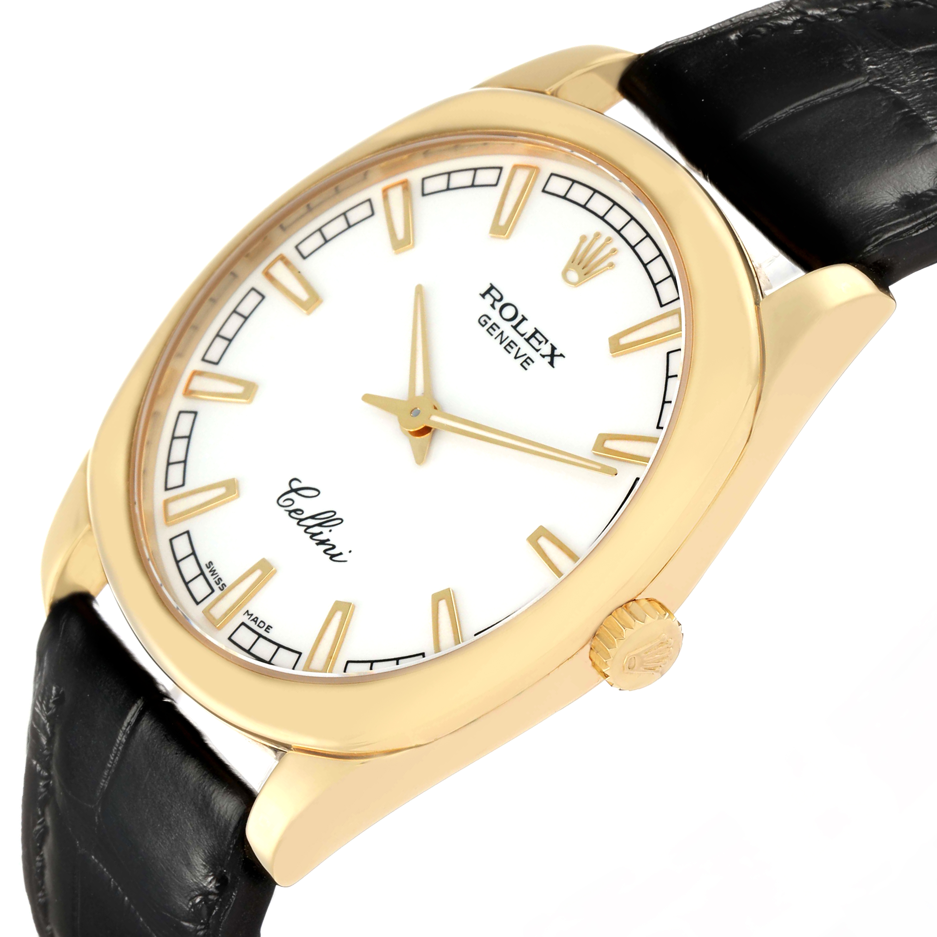 The Rolex Cellini 4243 Men
s Yellow Gold White Dial watch is shown at a slight angle, displaying the face, bezel, crown, and part of the leather strap.