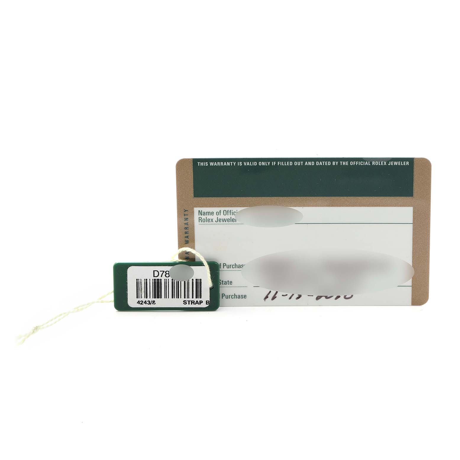 The image shows a warranty card and barcode tag for a Rolex Cellini 4243 Men
s Yellow Gold White Dial watch, with details partially blurred.