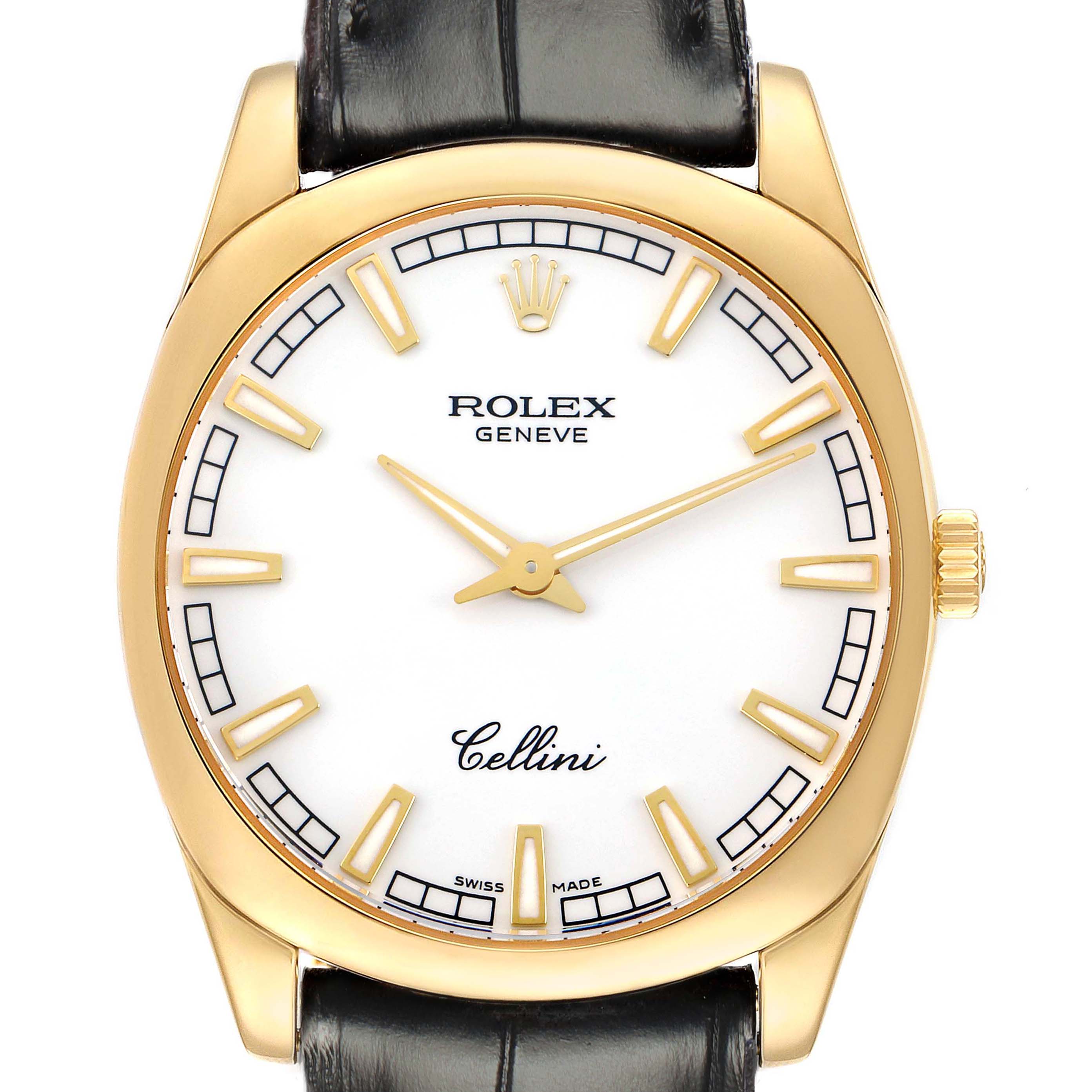 The Rolex Cellini 4243 Men
s Yellow Gold White Dial watch is shown from a front angle, highlighting the dial, gold case, crown, and leather strap.