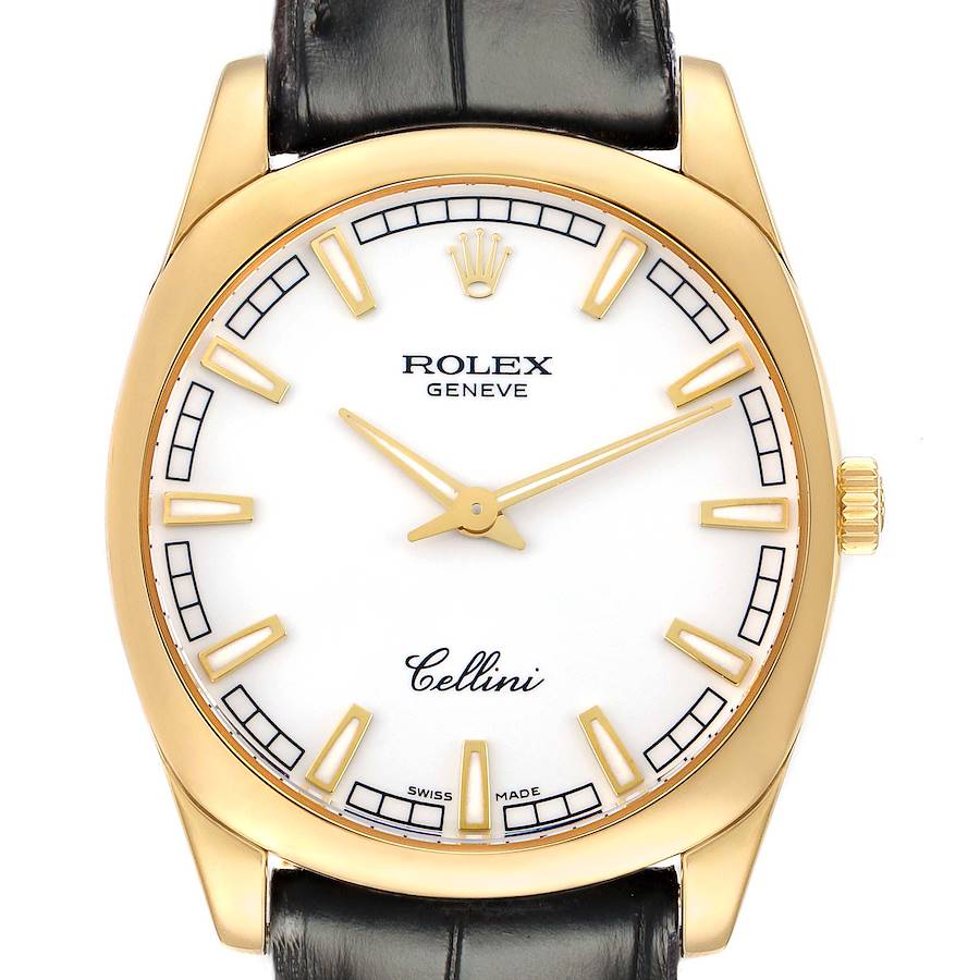 The Rolex Cellini 4243 Men
s Yellow Gold White Dial watch is shown from a front angle, highlighting the dial, gold case, crown, and leather strap.