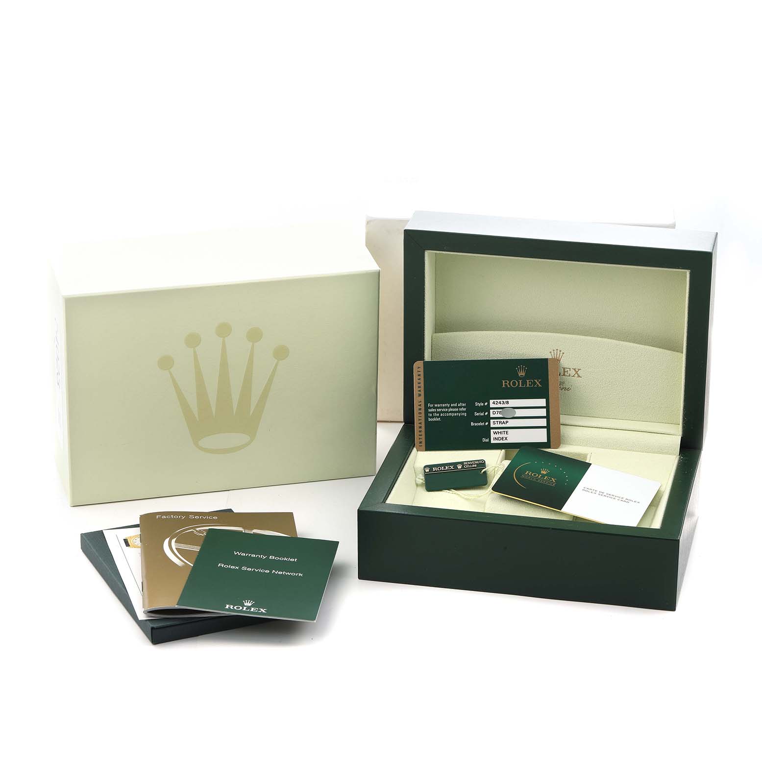 The image shows the packaging and accessories of a Rolex Cellini 4243 Men
s Yellow Gold White Dial, including the green box, warranty card, and booklets.