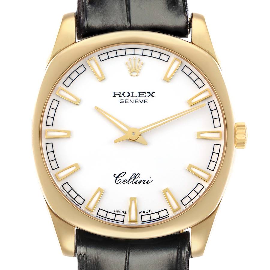 The Rolex Cellini 4243 Men's Yellow Gold White Dial watch is shown from a front angle, displaying the face, markers, hands, and part of the leather strap.