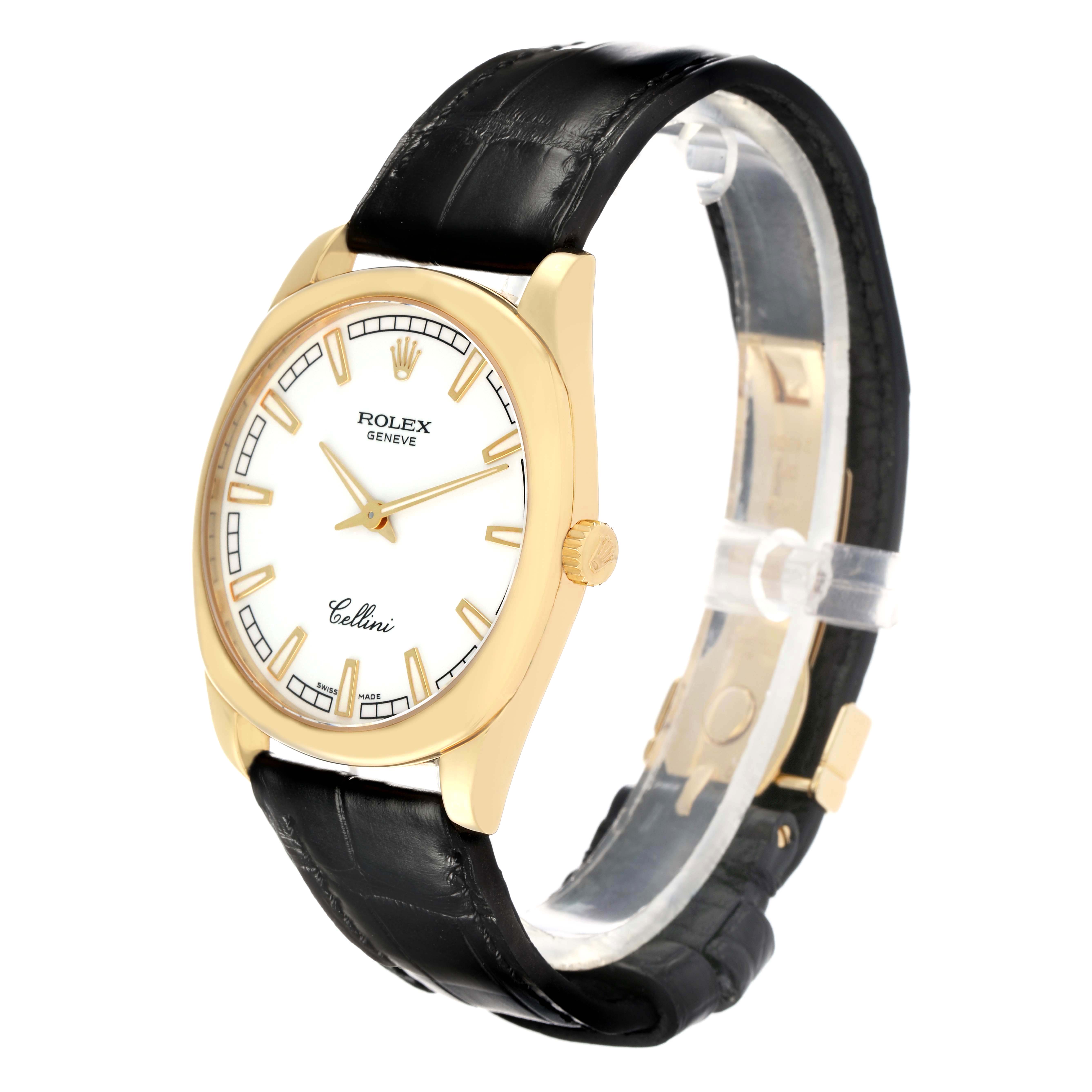 The Rolex Cellini 4243 Men
s Yellow Gold White Dial watch is shown at a three-quarter angle, displaying the face, bezel, crown, and leather strap.