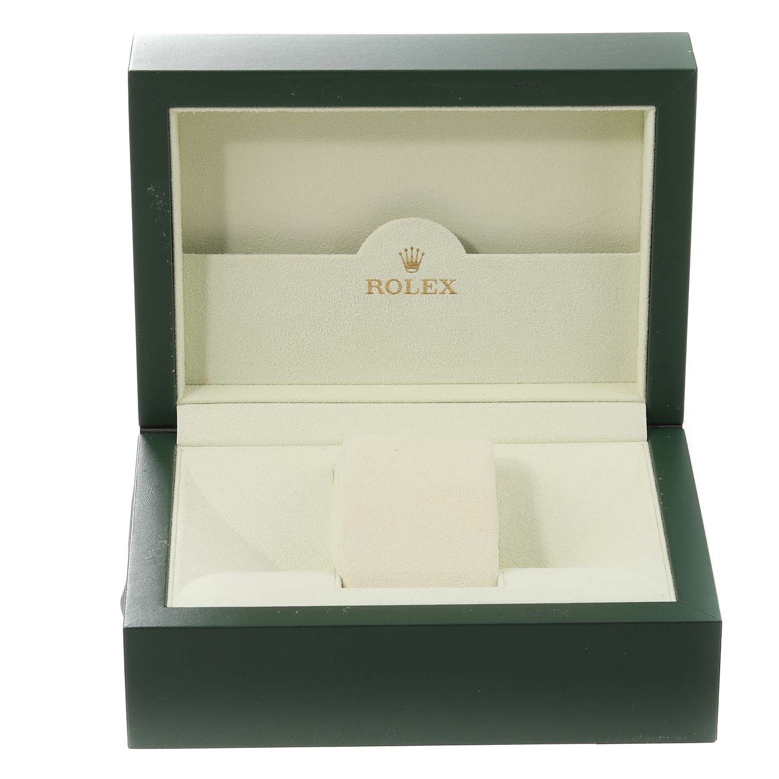 The image shows an open green Rolex watch box with a beige interior, likely for a Cellini model.