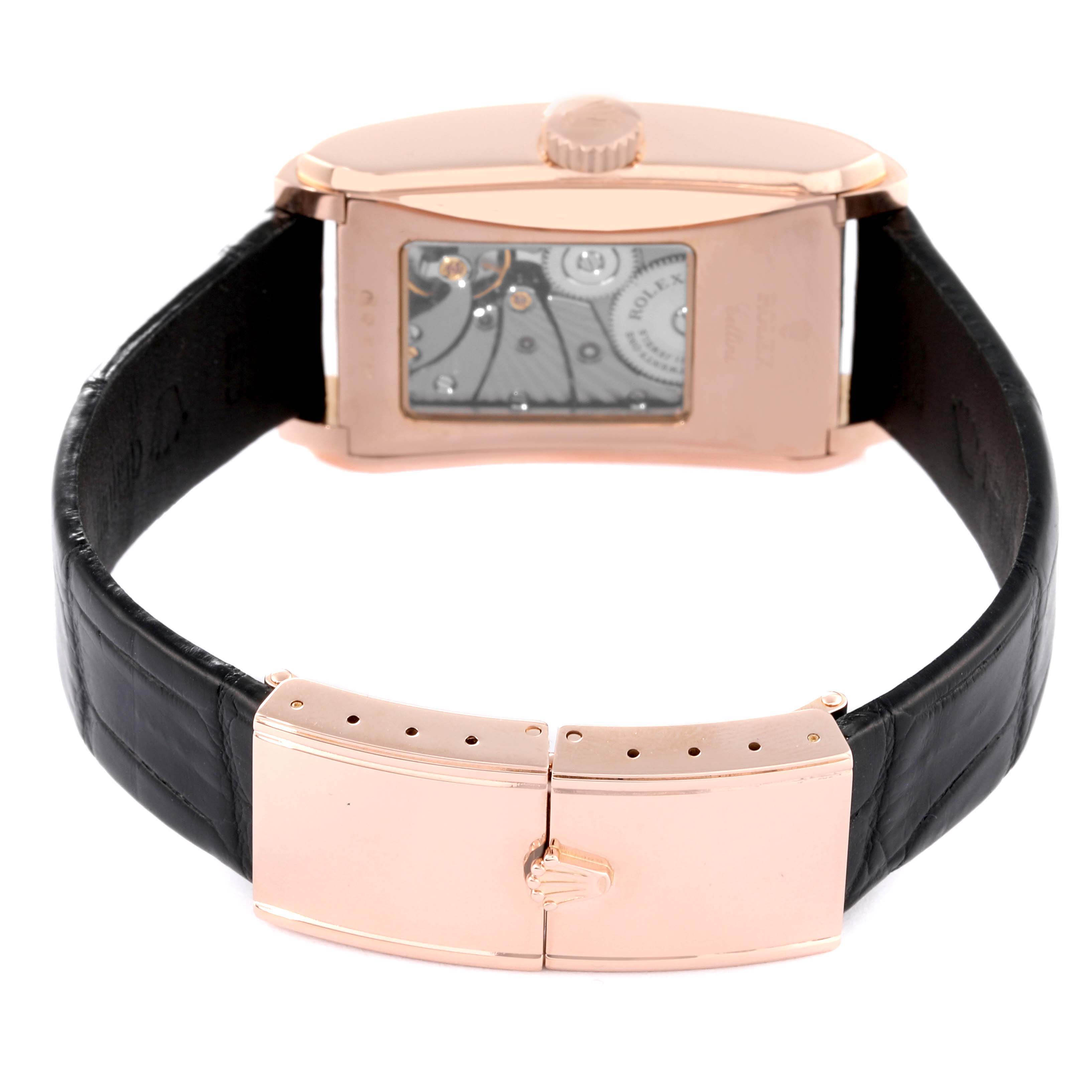 This image shows the back view of a Rolex Cellini 5442 Men's Rose Gold Black Dial 5442 Men's Rose Gold Black Dial watch, highlighting the transparent case back and black leather strap with a clasp.